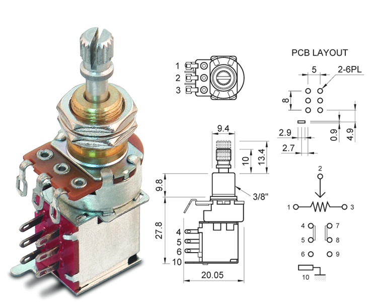 Push-Push Potentiometer 250K log/audio mit DPDT Schalter