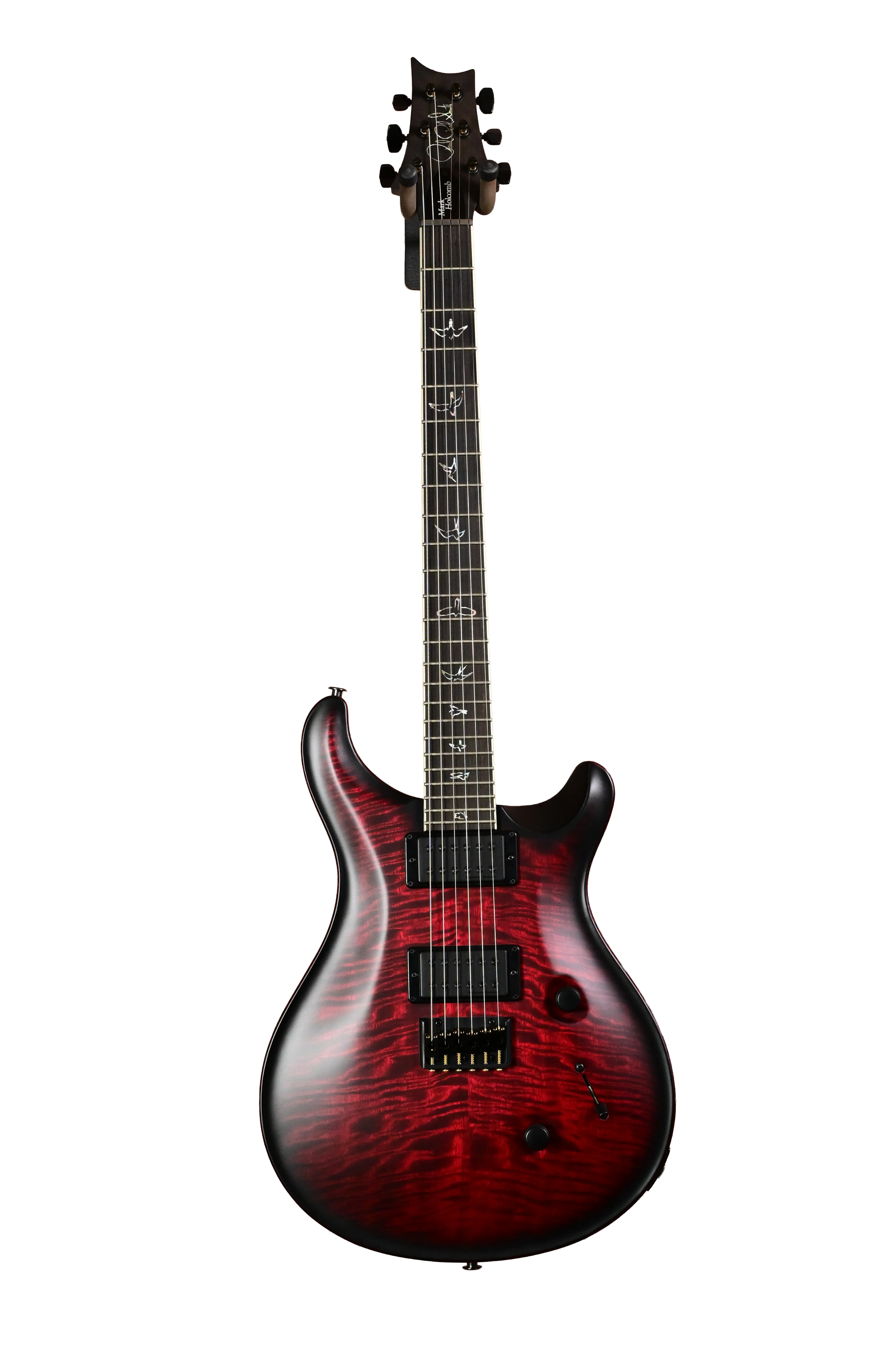 E-Gitarre, Rot-schwarzes Finish, Flamed-Maple-Decke, Doppelspulen-Tonabnehmer, Vogel-Inlays