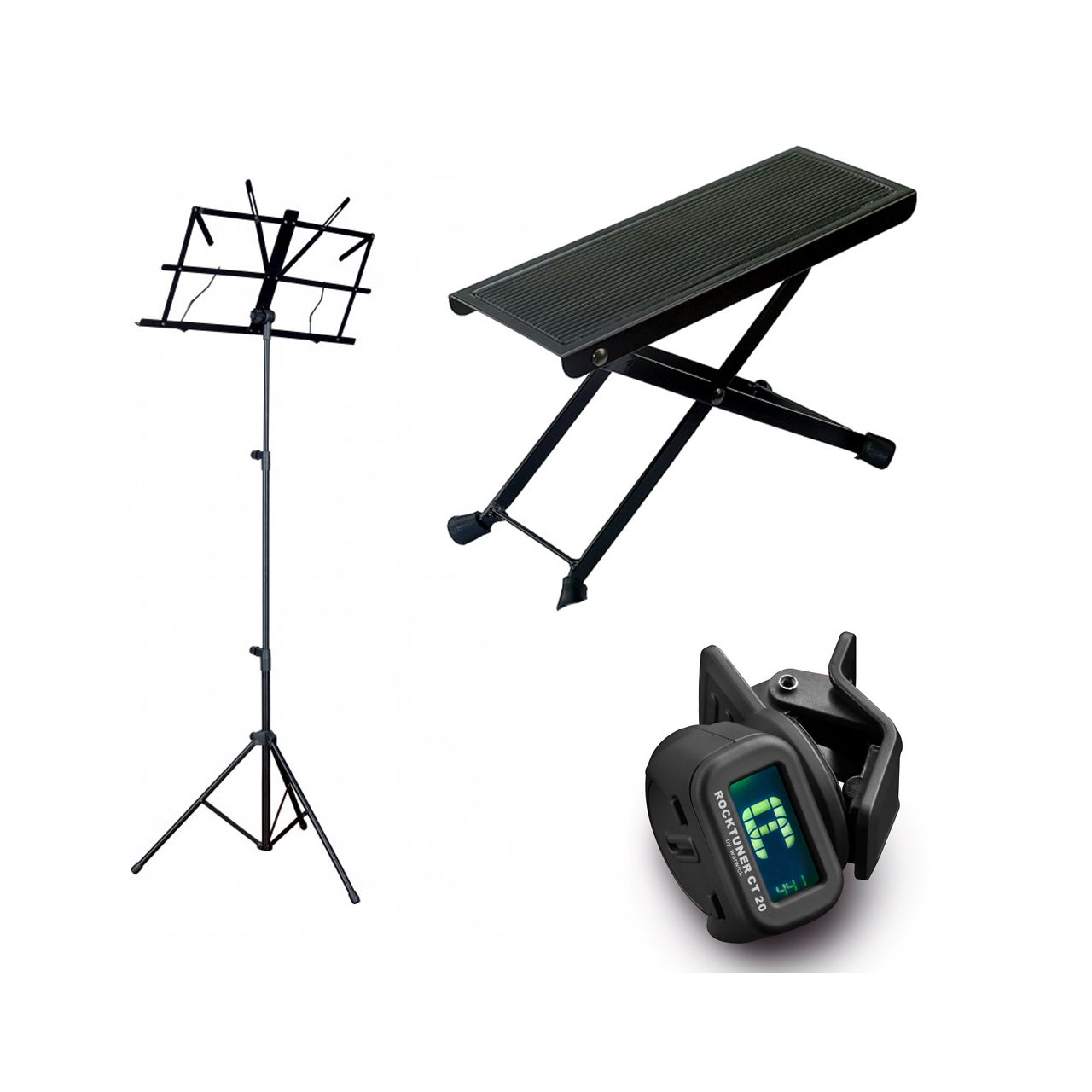 Einsteiger-Bundle 39: Fußbank + Notenständer + Clip-On Tuner / Schwarz/Blau