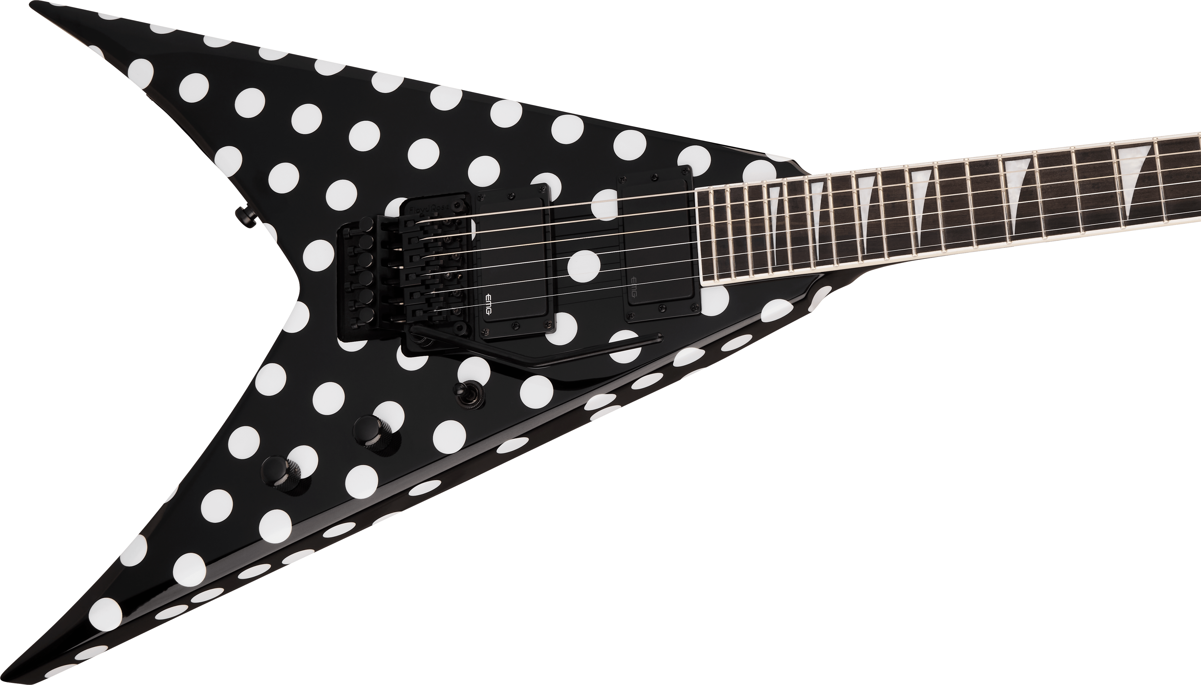 E-Gitarre, V-Form, schwarz-weiß, Punktmuster, Flying-V-Brücke
