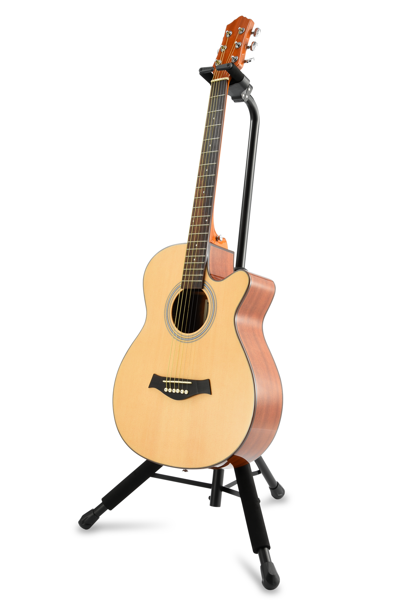 Akustikgitarre, Cutaway-Korpus, Holzgitarre, Naturfarben, Gitarrenständer