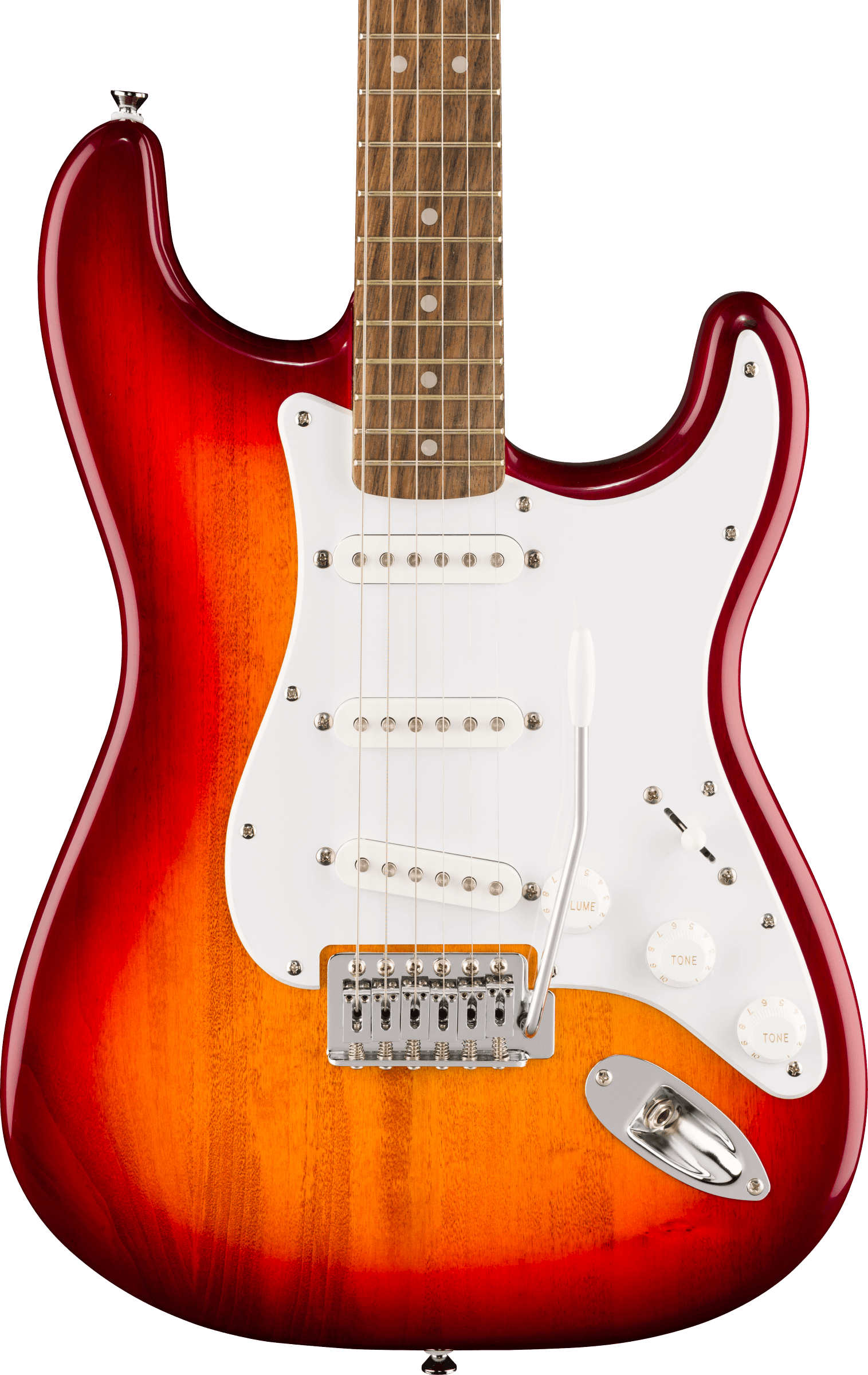 E-Gitarre, Sunburst, roter Korpus, weißes Schlagbrett, drei Singlecoils