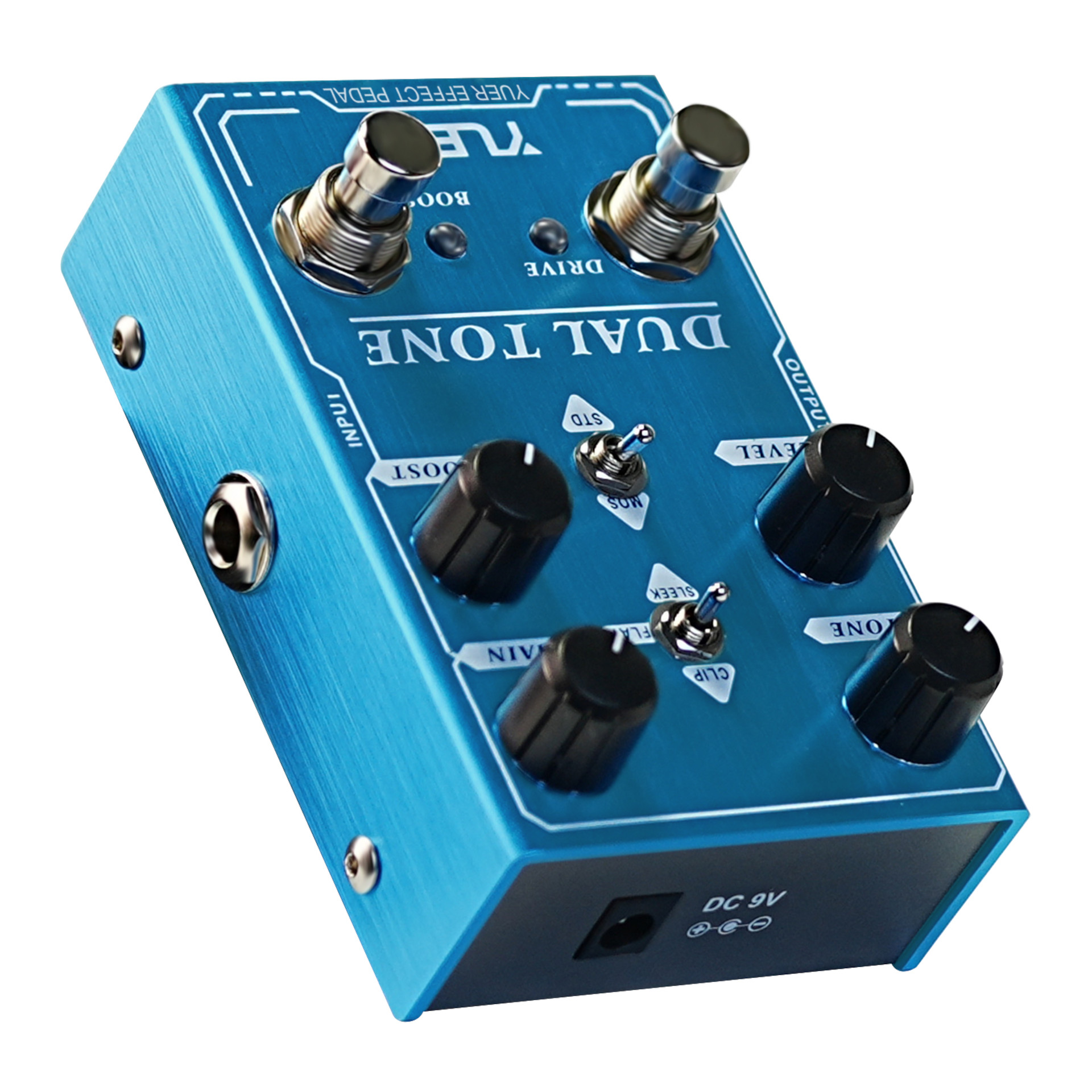 Gitarreneffektpedal, Dual-Tone-Pedal, blaues Metallgehäuse, zwei Fußschalter, Drehregler
