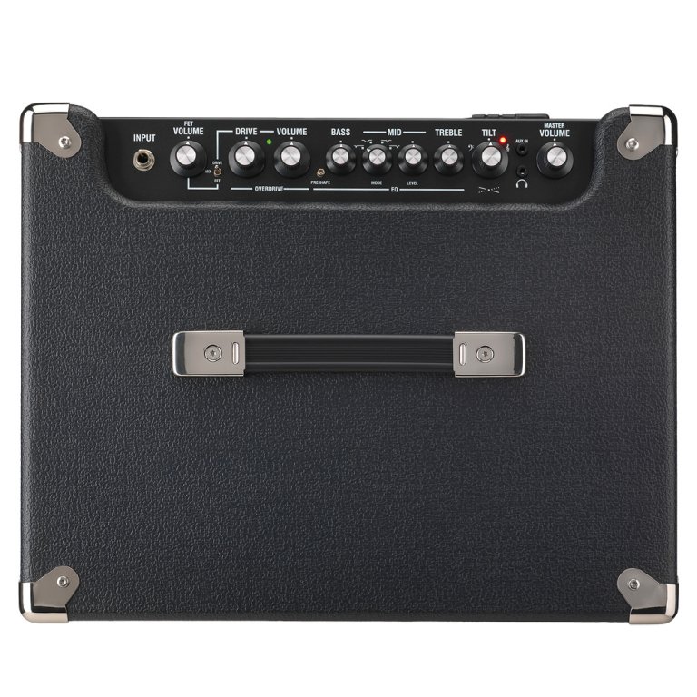 Gitarrenverstärker, schwarzes Gehäuse, Kunstlederbezug, Drehregler, Tragegriff