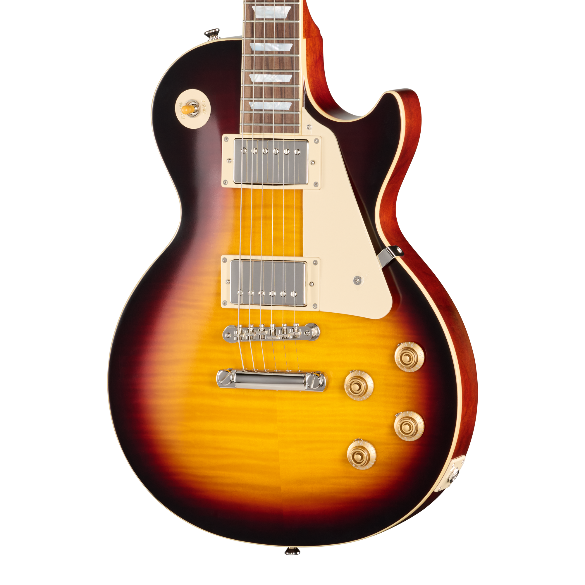 E-Gitarre, Sunburst-Finish, Massivholzkorpus, Doppelspulen-Tonabnehmer, Cremefarbenes Schlagbrett