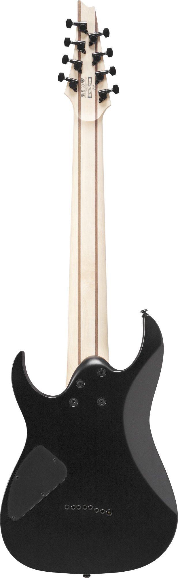 Ibanez RG8EX‑BKF – Rückseite: 5‑teiliger Ahorn/Walnuss Hals, meranti Korpus, schwarze Hardware