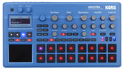 Groovebox, blaues Gehäuse, Trigger-Pads, Drehregler, Display