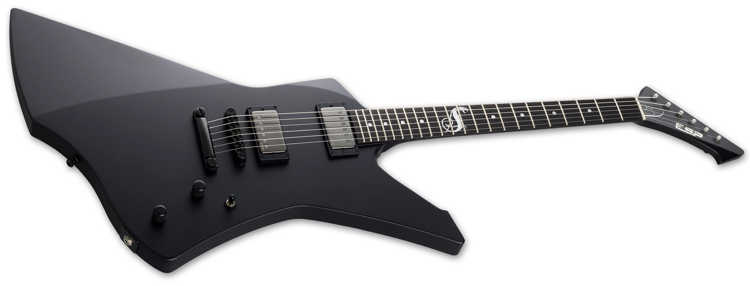 E-Gitarre, Explorer-Form, schwarzer Korpus, Doppelspulen-Tonabnehmer, Griffbrett mit Einlagen