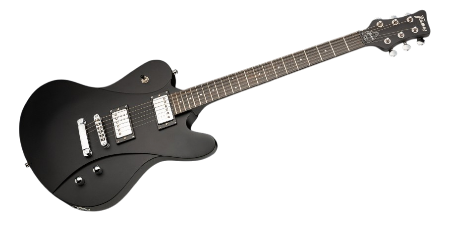 E-Gitarre, schwarzer Korpus, massiver Korpus, Doppelspulen-Tonabnehmer, sechs Saiten