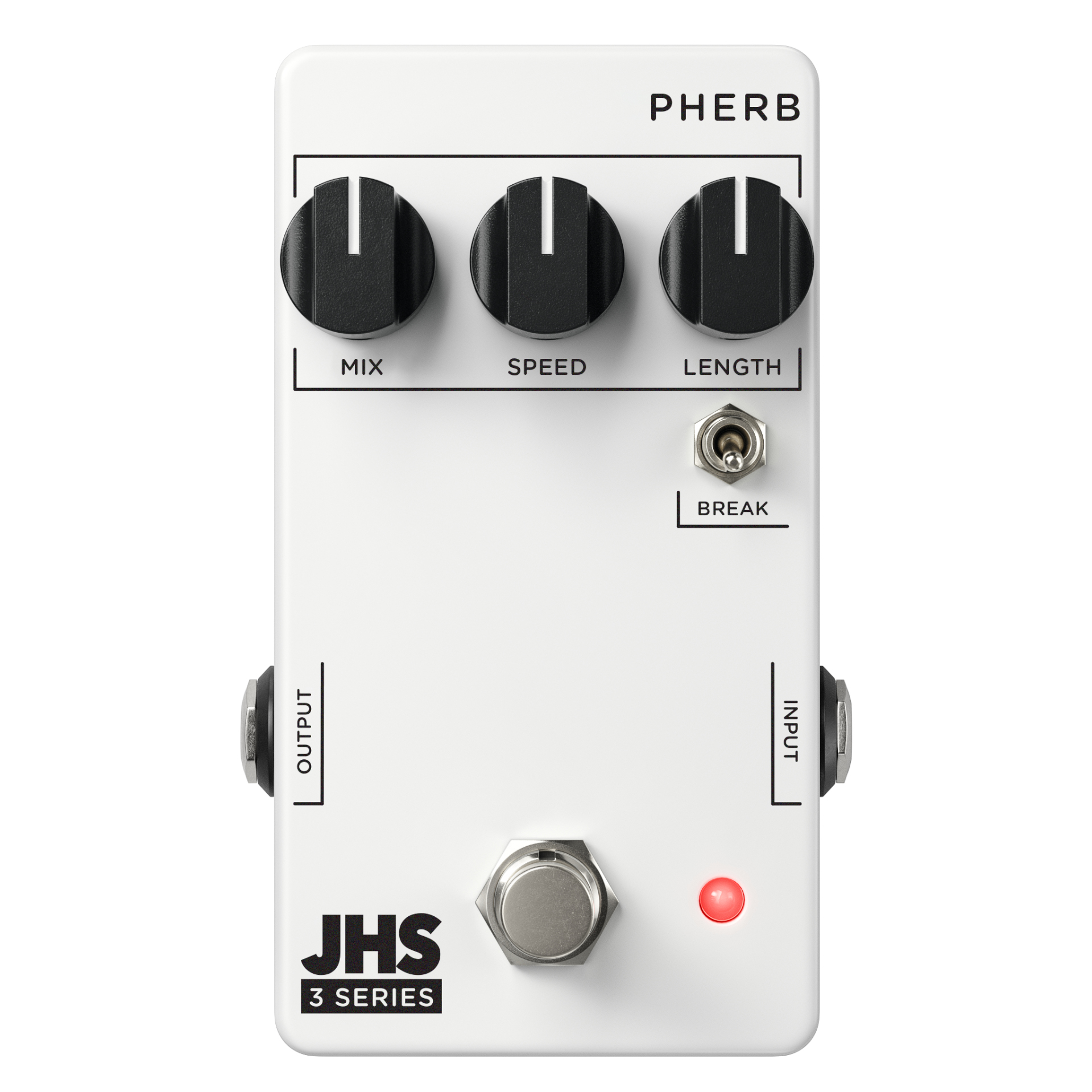 Gitarreneffektpedal, Reverb-Pedal, weißes Gehäuse, schwarze Drehregler, Metallfußschalter