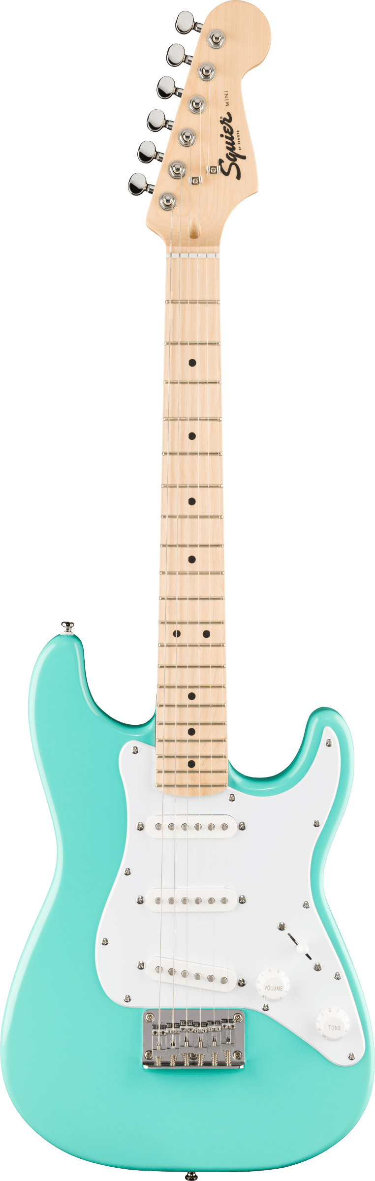 E-Gitarre, Türkiser Korpus, Ahornhals, Weißes Schlagbrett, Drei Singlecoils