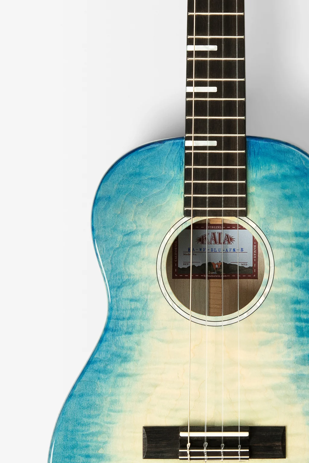 All Solid Blue Flame Maple Waterfall Baritone Ukulele