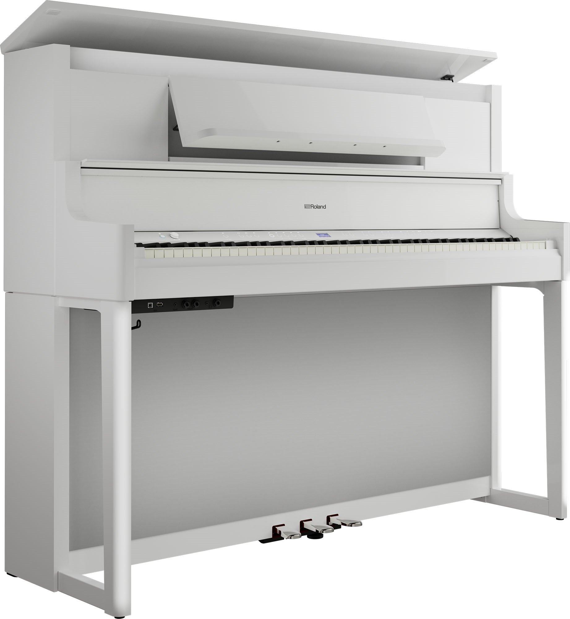 Roland LX-9 PW Digitalpiano – Seitenansicht mit geöffnetem Deckel und sichtbarer Tastatur