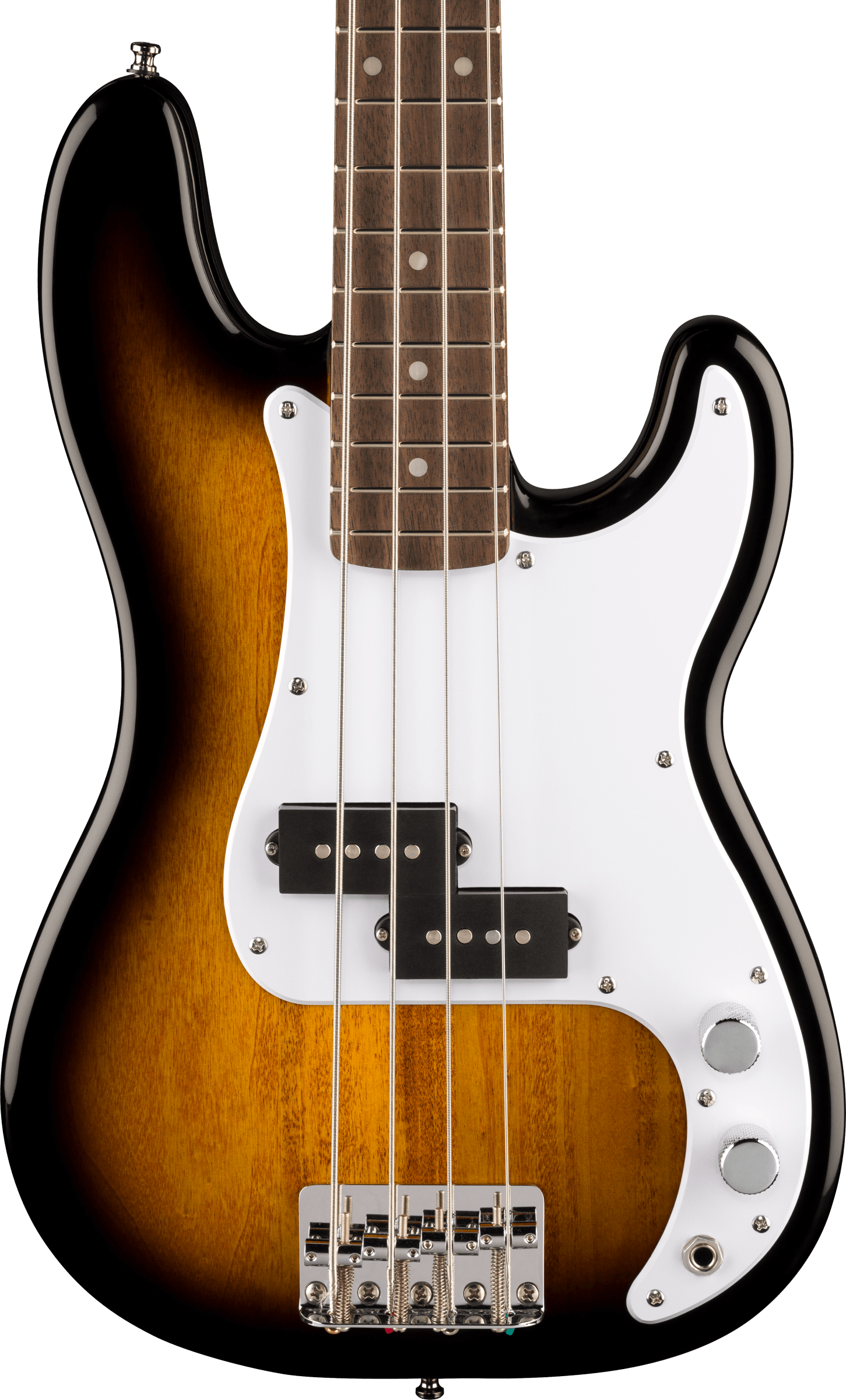 E-Bass, Sunburst-Finish, weißer Schlagbrett, vier Saiten, Massivkorpus