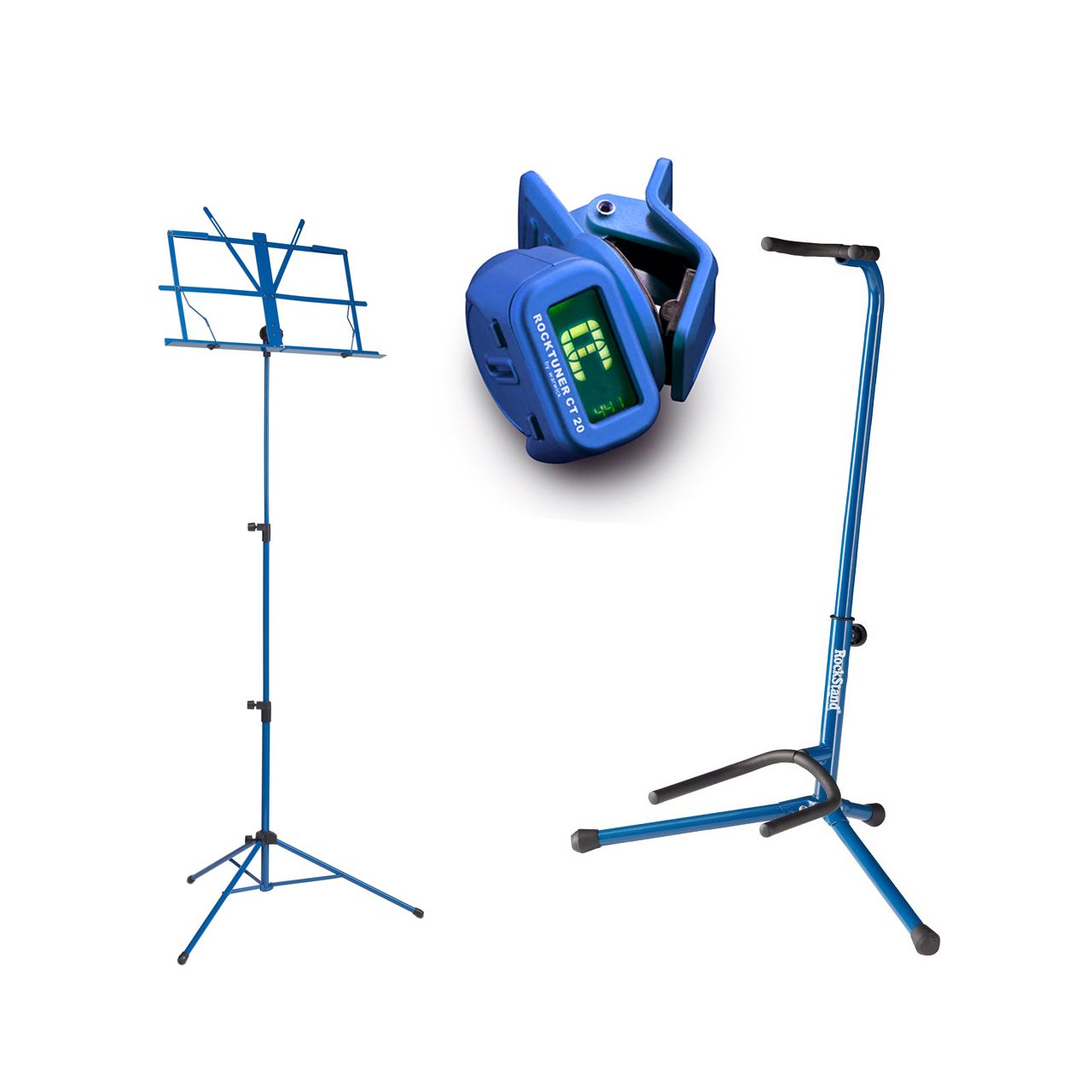Einsteiger-Bundle 43: Notenständer + Gitarrenständer + Clip-On Tuner / blau