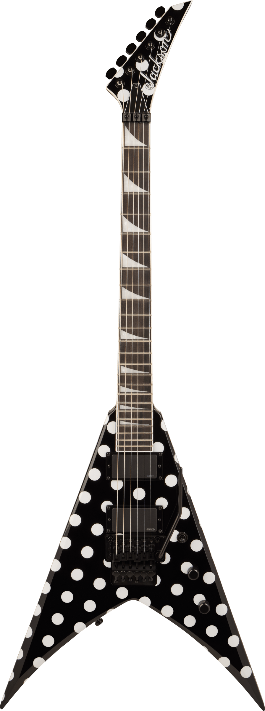 E-Gitarre, schwarzer Korpus, Punktmuster, V-förmiger Korpus, Humbucker