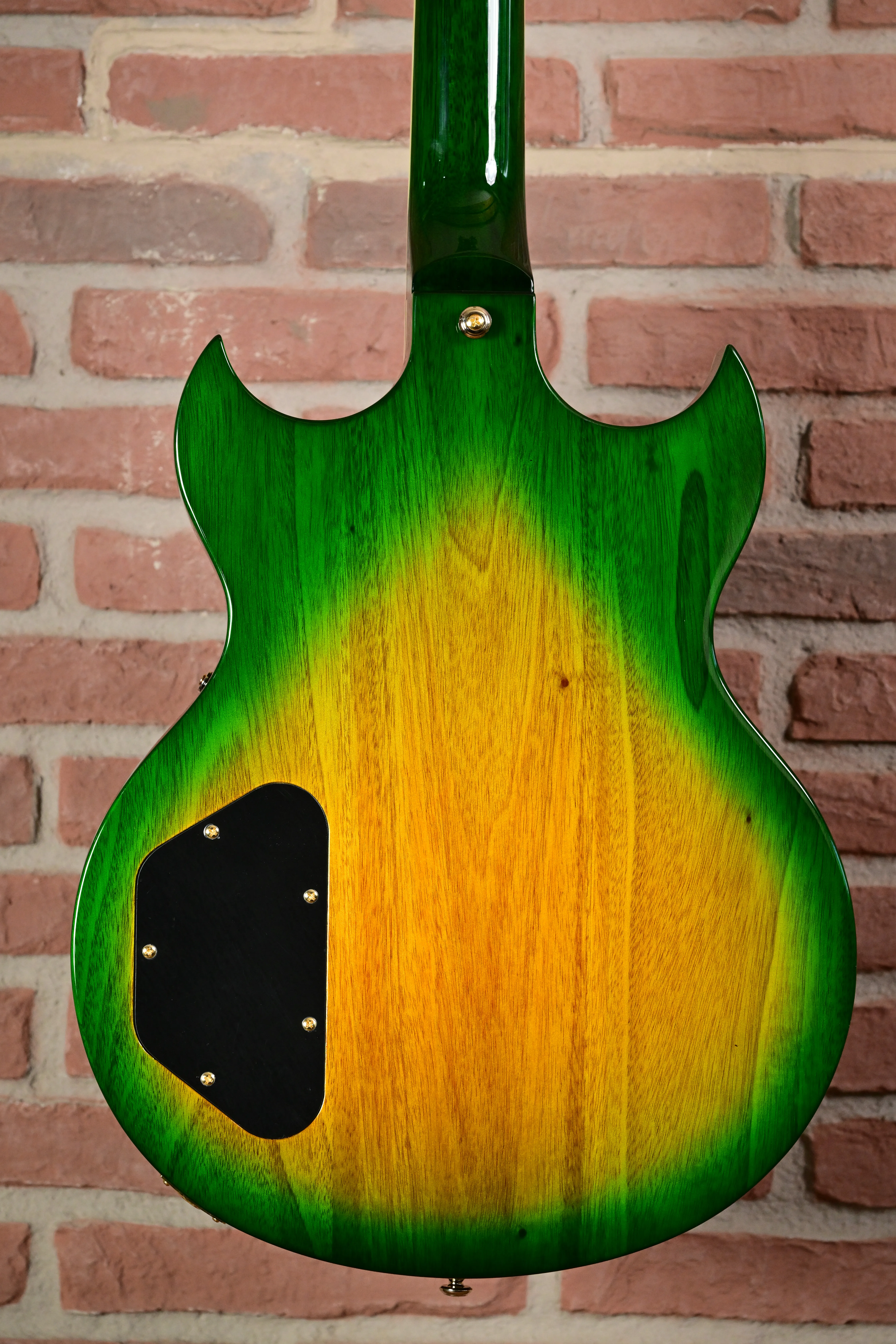 E-Gitarre, Holzkorpus, Grün-gelbes Burst, Sunburst-Lackierung, Schwarze Abdeckung