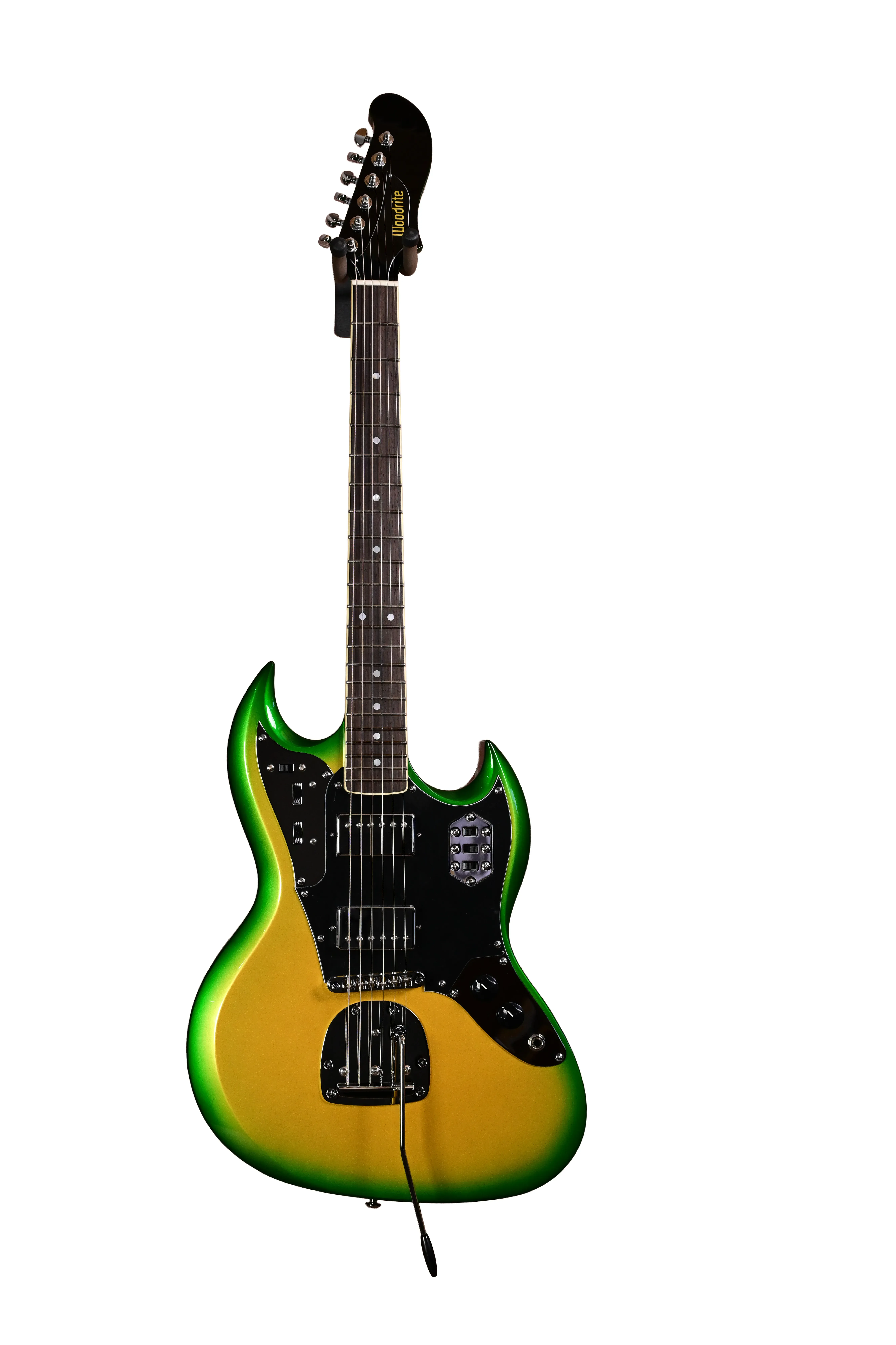 E-Gitarre, Linden-Griffbrett, Grün-goldenes Finish, Doppel-Cutaway, Humbucker
