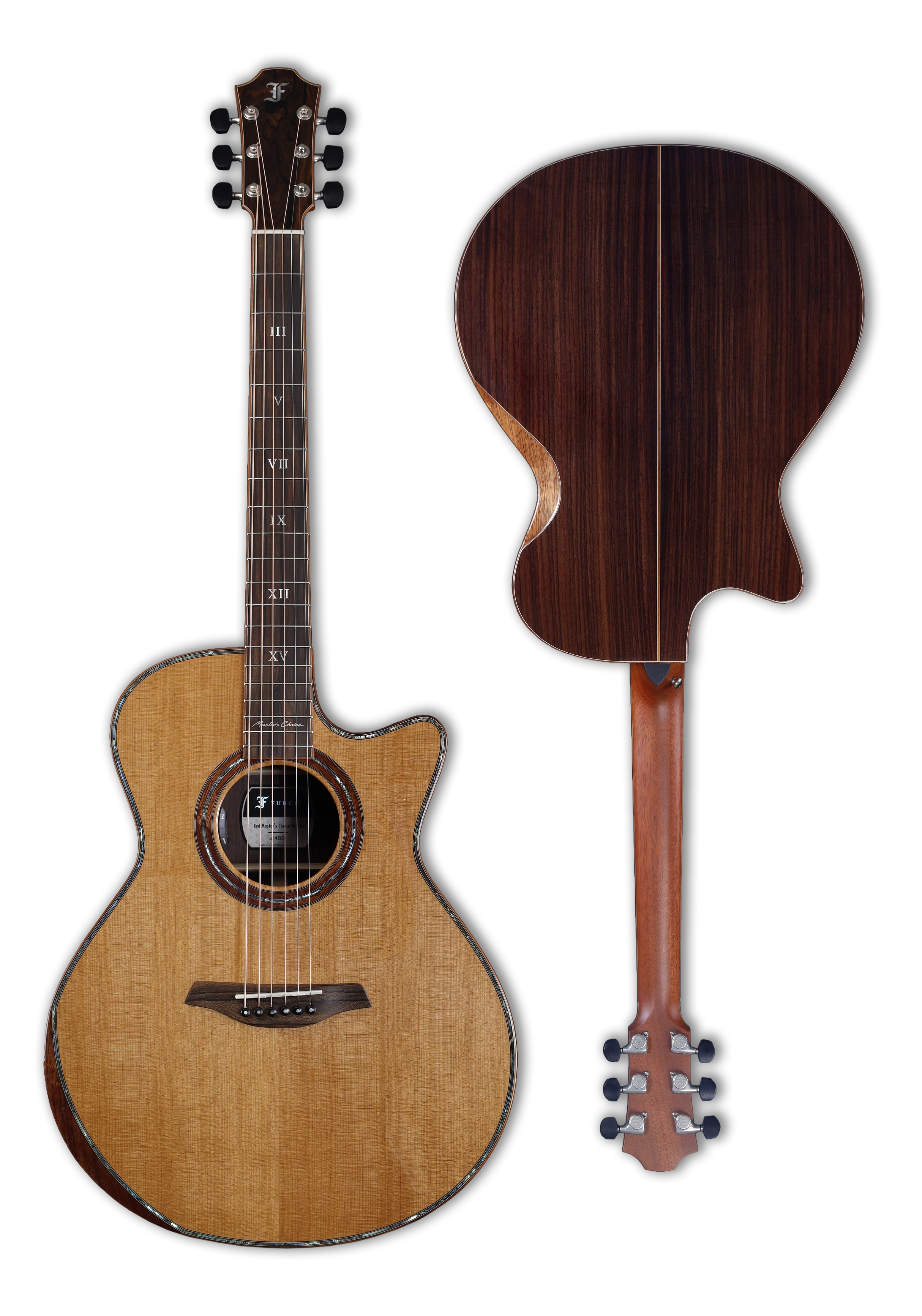 Akustikgitarre, dunkelbraunes Holz, gestreifte Rückseite, Cutaway-Korpus, sechs Saiten, Westerngitarre, Cutaway-Korpus, Fichtendecke, Holzmaserung, Sechssaitig