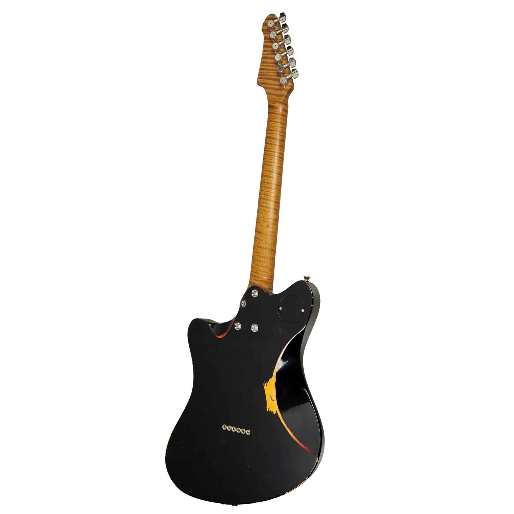 E-Gitarre, schwarzer Korpus, Holzhals, Vintage-Finish, sechs Saiten