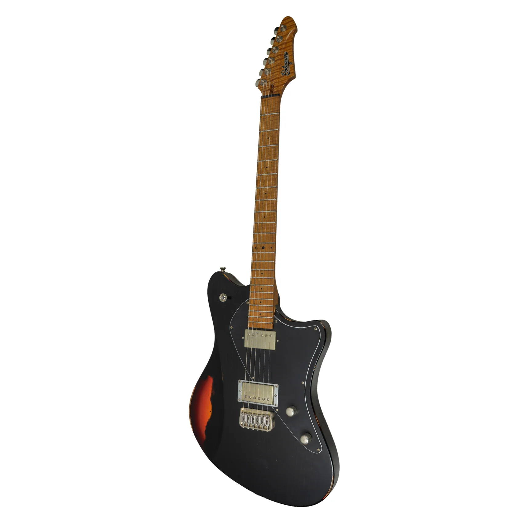 E-Gitarre, schwarzer Korpus, Ahornhals, Humbucker, Sunburst-Rückseite
