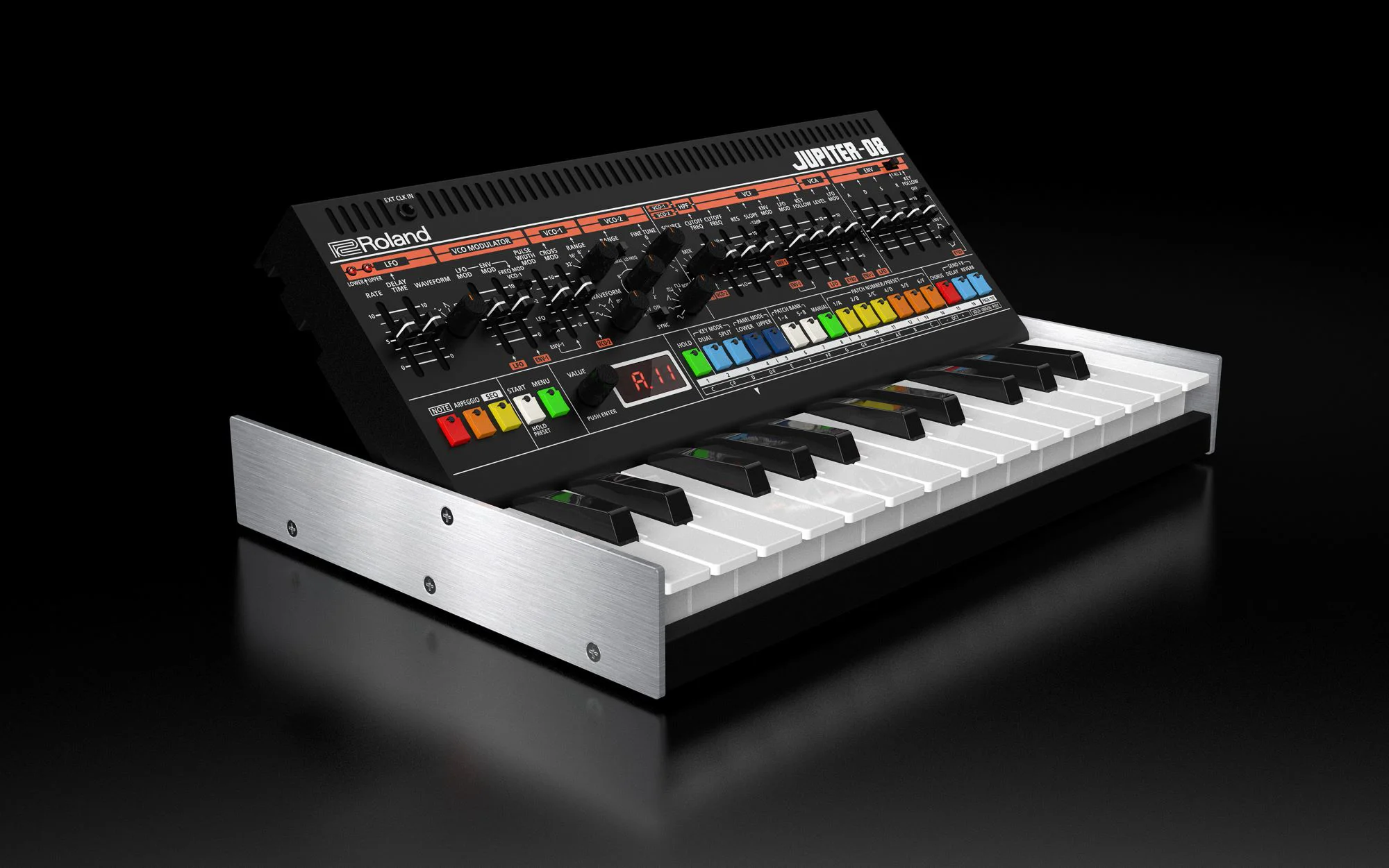 Analoger Synthesizer, Keyboard, Schwarzes Gehäuse, Metallseitenteile, Farbige Tasten