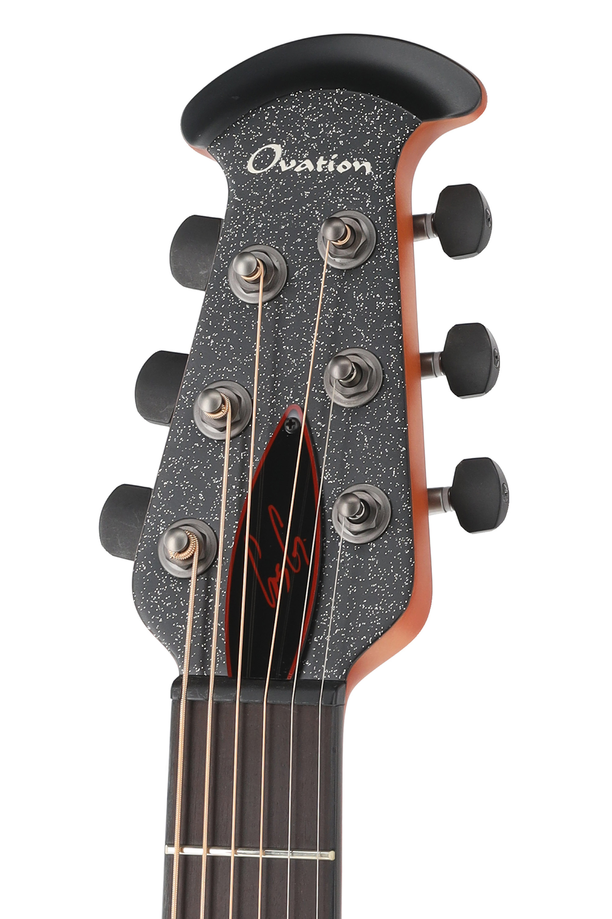 E-Bass, Gitarrenkopf, sechs Saiten, schwarz gesprenkelt, Stimmmechaniken