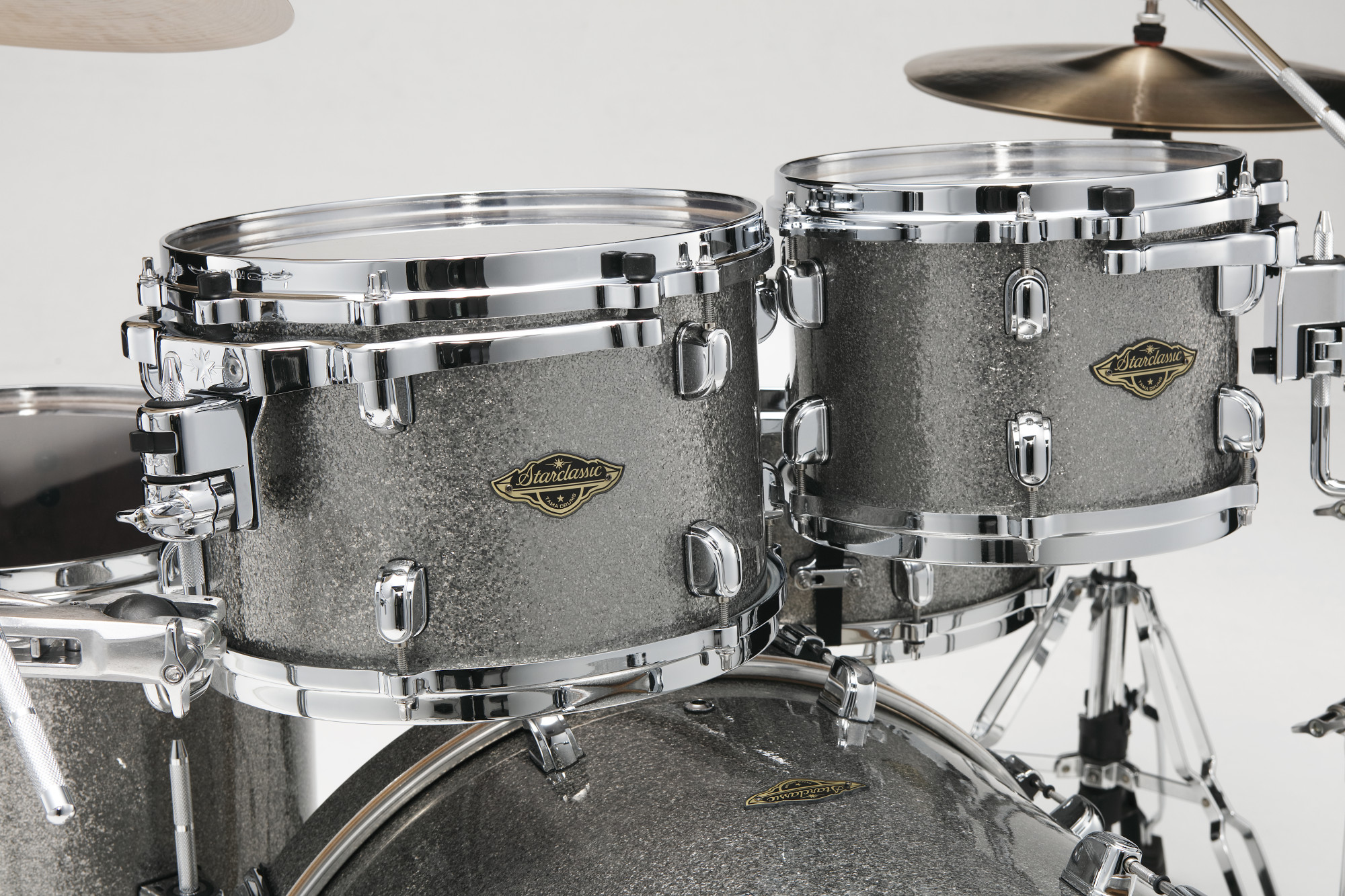 Schlagzeug-Set, graues Glitzerfinish, Chrom-Hardware, Trommelkessel