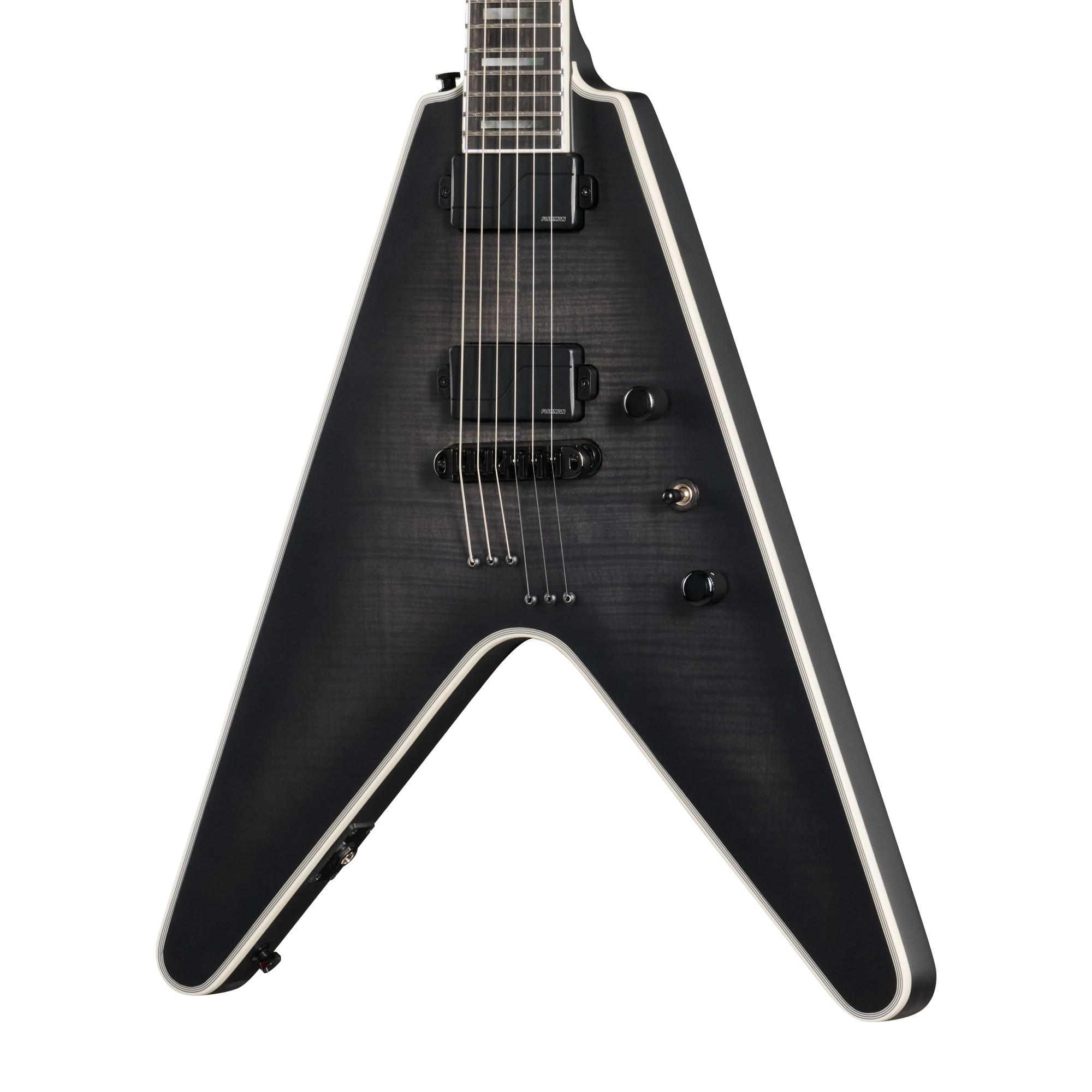 E-Gitarre, V-Form, Schwarz, Flamed-Maple-Decke, Humbucker