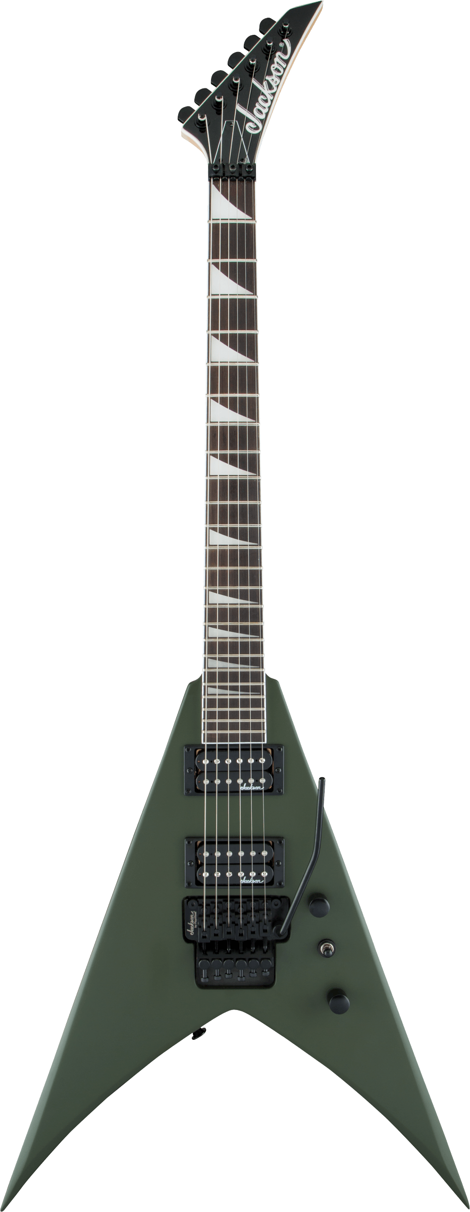 E-Gitarre, V-förmiger Korpus, olivgrün, Floyd-Rose-Tremolo, Haifischzahn-Inlays