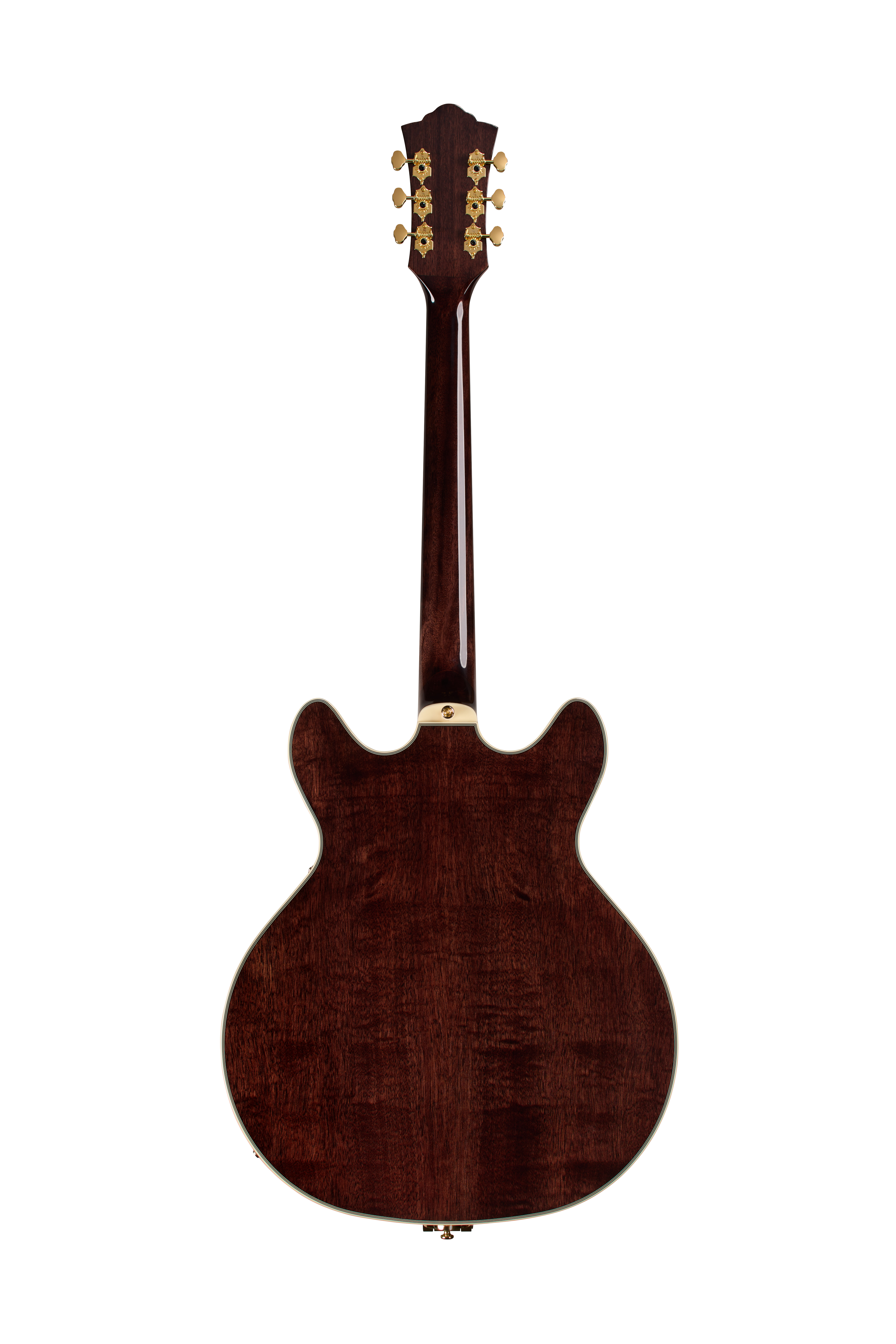E-Gitarre, Mahagonikorpus, dunkelbraun, Doppelschnitt, Goldene Mechaniken