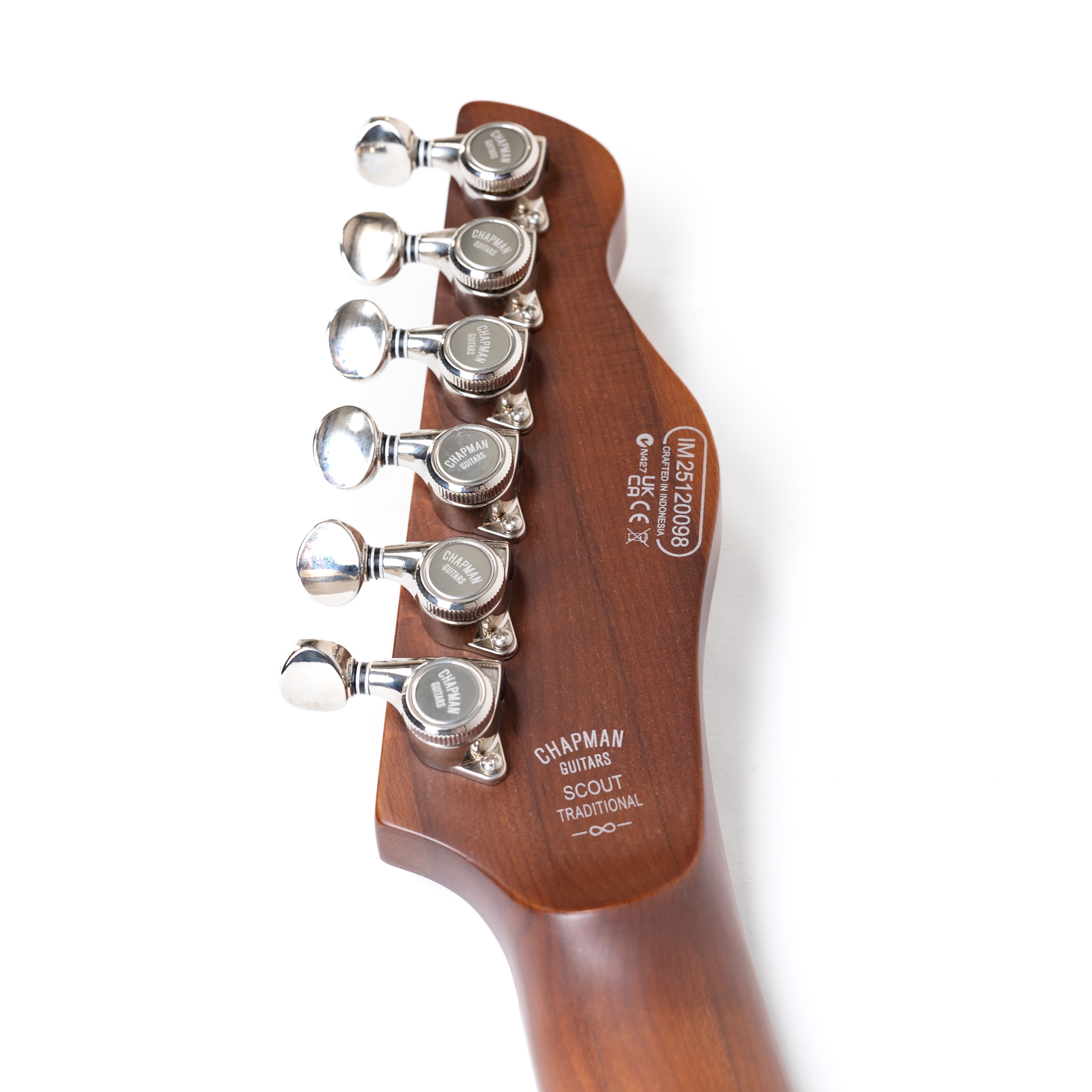 E-Gitarren-Kopfplatte, Sechs Mechaniken, Mahagoniholz, Chrommechaniken, Braune Holzmaserung