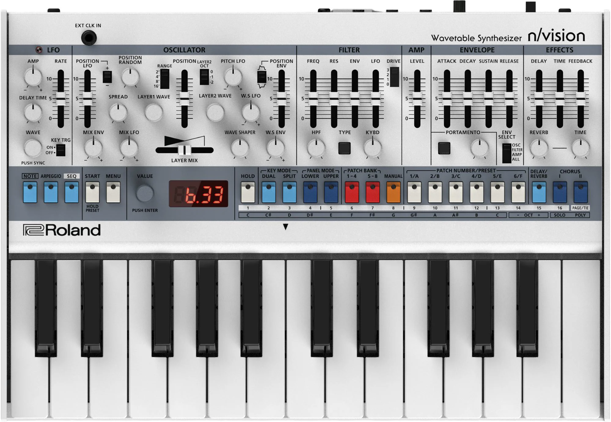 Wavetable-Synthesizer, Keyboard, weiße Tasten, schwarzes Bedienfeld, Drehregler