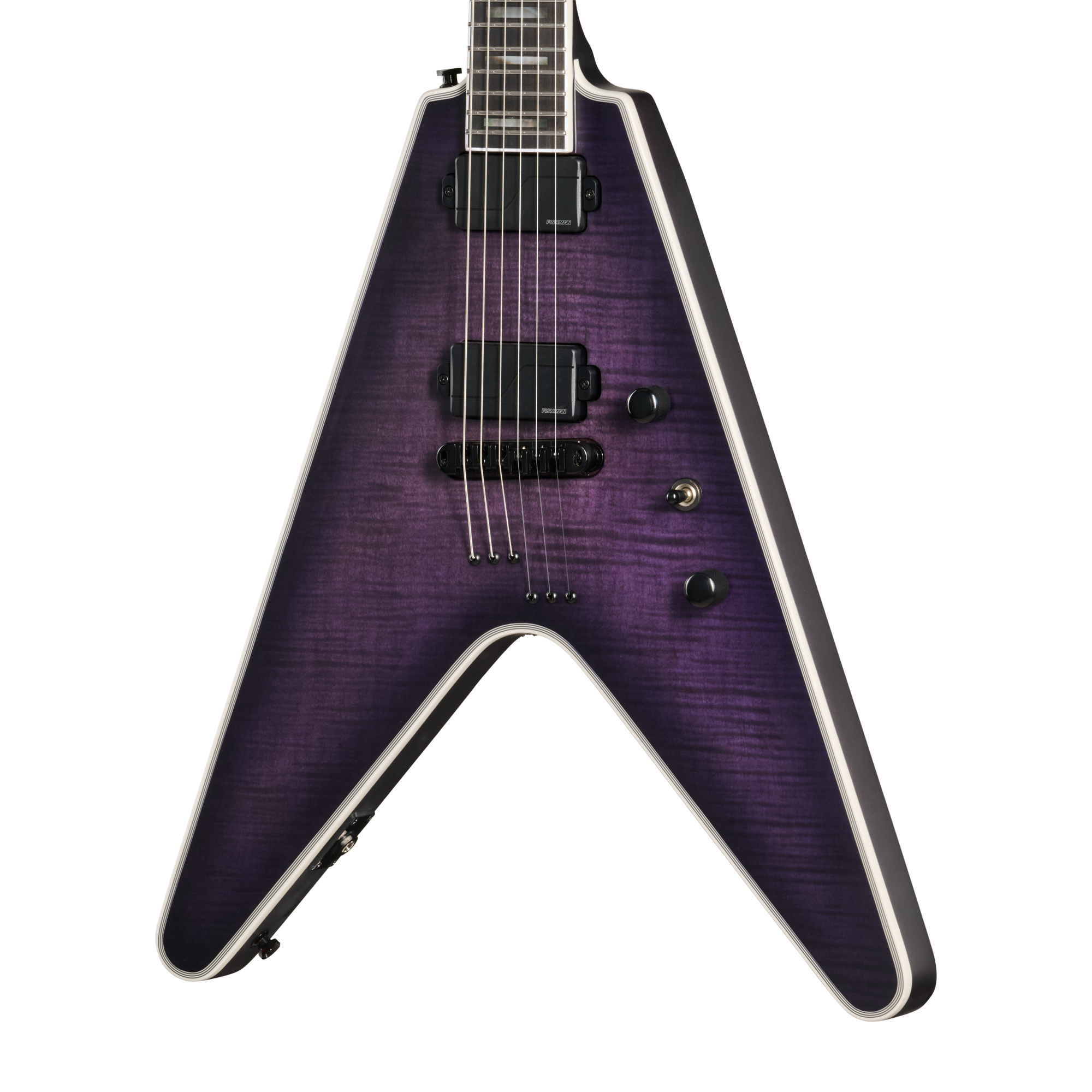 E-Gitarre, V-Form, Lila, Flamed-Maple-Decke, Humbucker