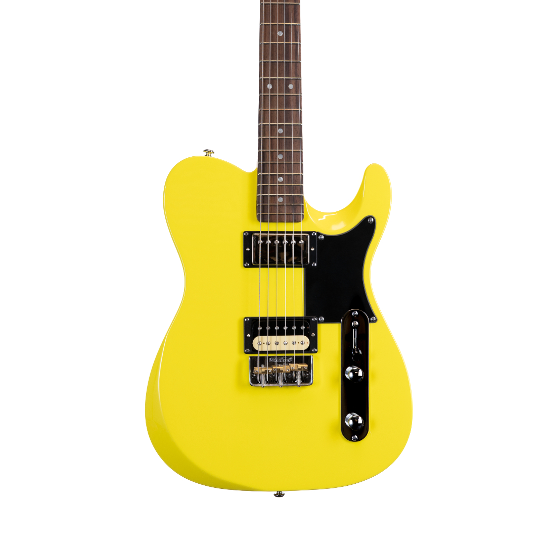 E-Gitarre, gelber Korpus, schwarzes Schlagbrett, Humbucker-Tonabnehmer, Massivkorpus
