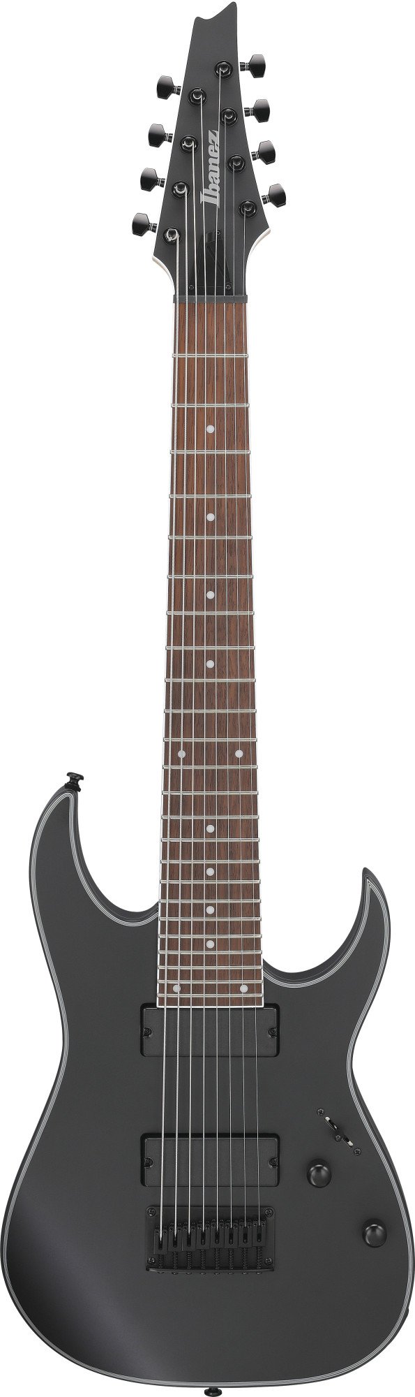 Ibanez RG8EX‑BKF – Vorderansicht, matt schwarzer 8-Saiter RG‑Korpus mit zwei IBZ‑8 Humbuckern