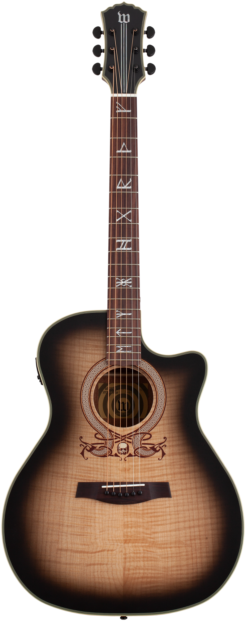 Akustikgitarre, Cutaway-Korpus, Farbverlauf Braun, Flammenahorn-Decke, Totenkopf-Verzierung