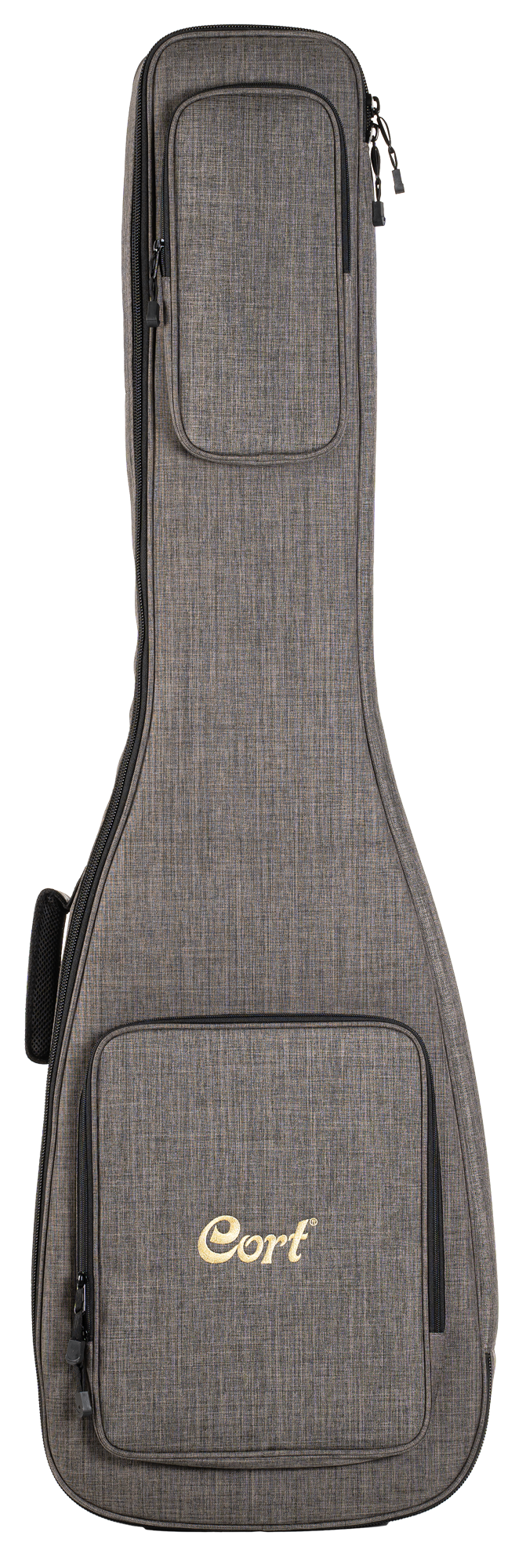 Gitarrentasche, grauer Stoff, gepolstert, Reißverschluss, Außentaschen