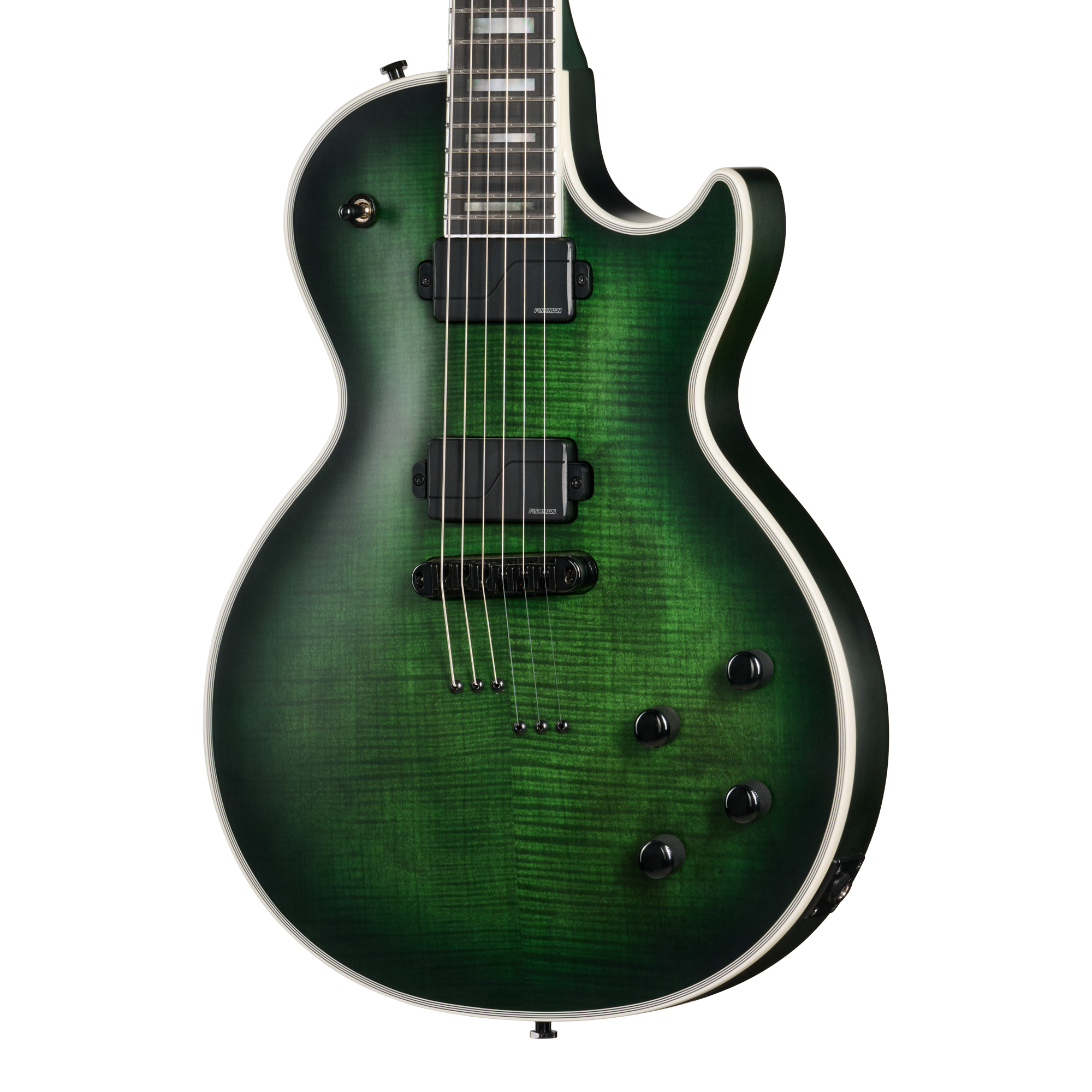 E-Gitarre, Massivkorpus, Grüne Decke, Flamed-Maple-Maserung, Doppelspulen-Tonabnehmer