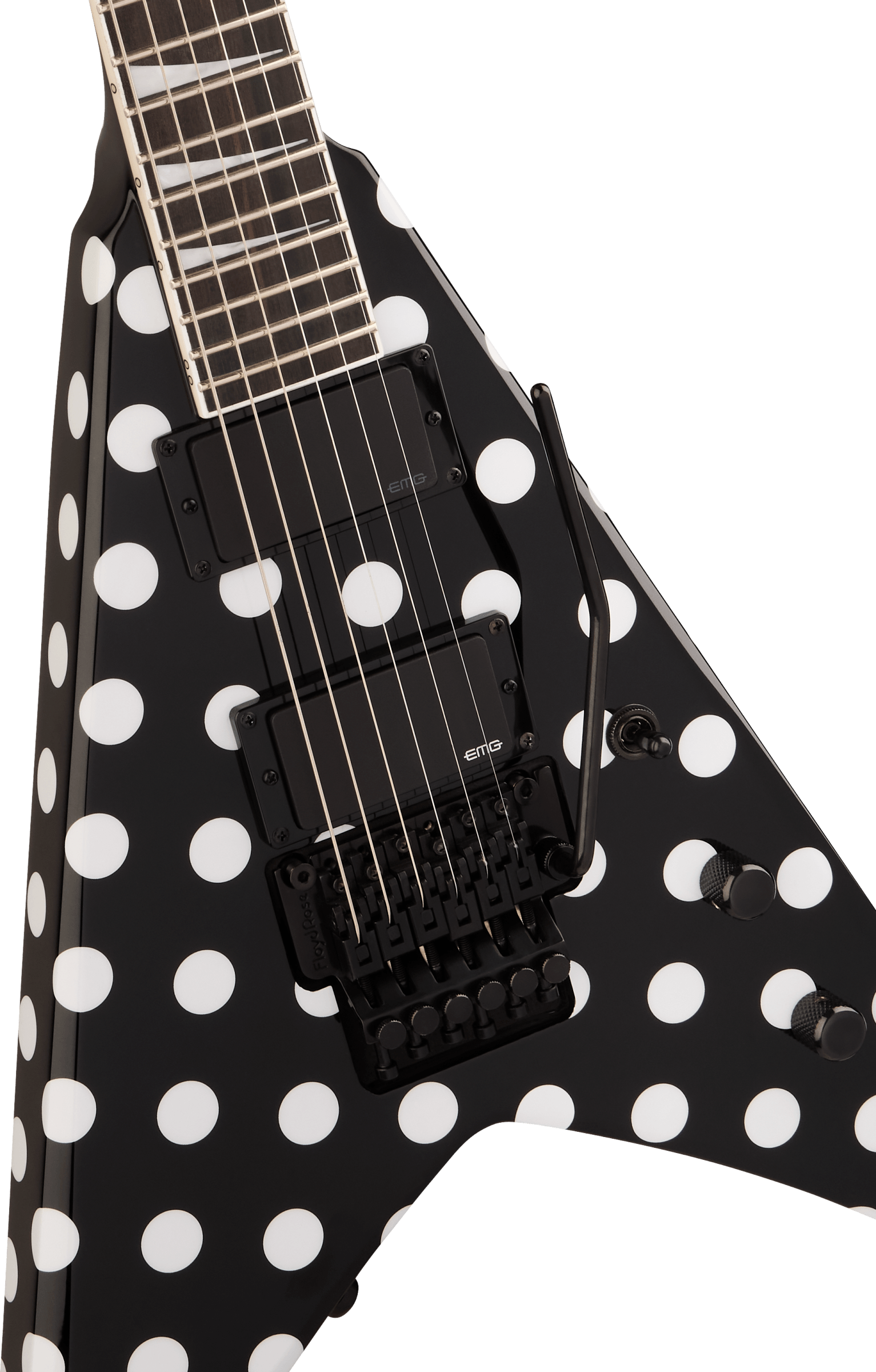 E-Gitarre, Flying-V-Form, schwarz-weiß, Punktmuster, Doppel-Humbucker