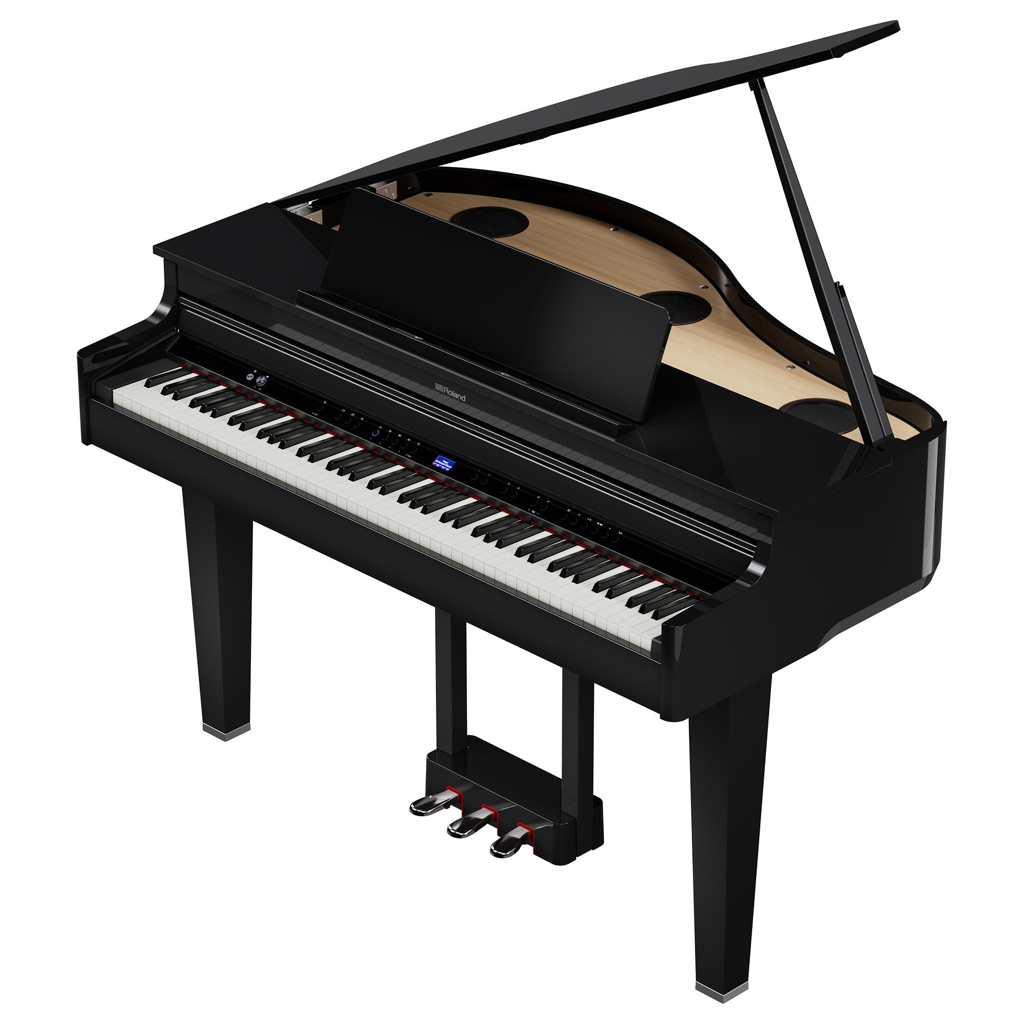 Roland GP-6 PE Digitalflügel – Seitenansicht mit geöffnetem Deckel und sichtbarem Resonanzboden