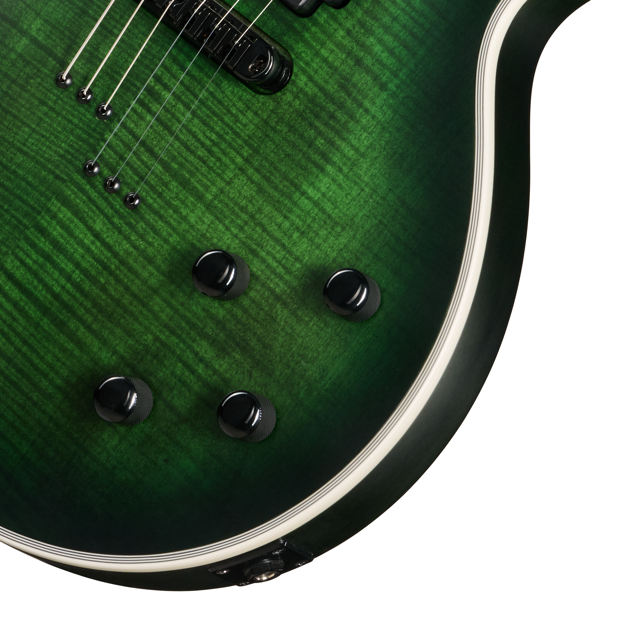 E-Gitarre, Grünes Finish, Flamed-Maple-Maserung, Schwarze Regler, Cremefarbenes Binding