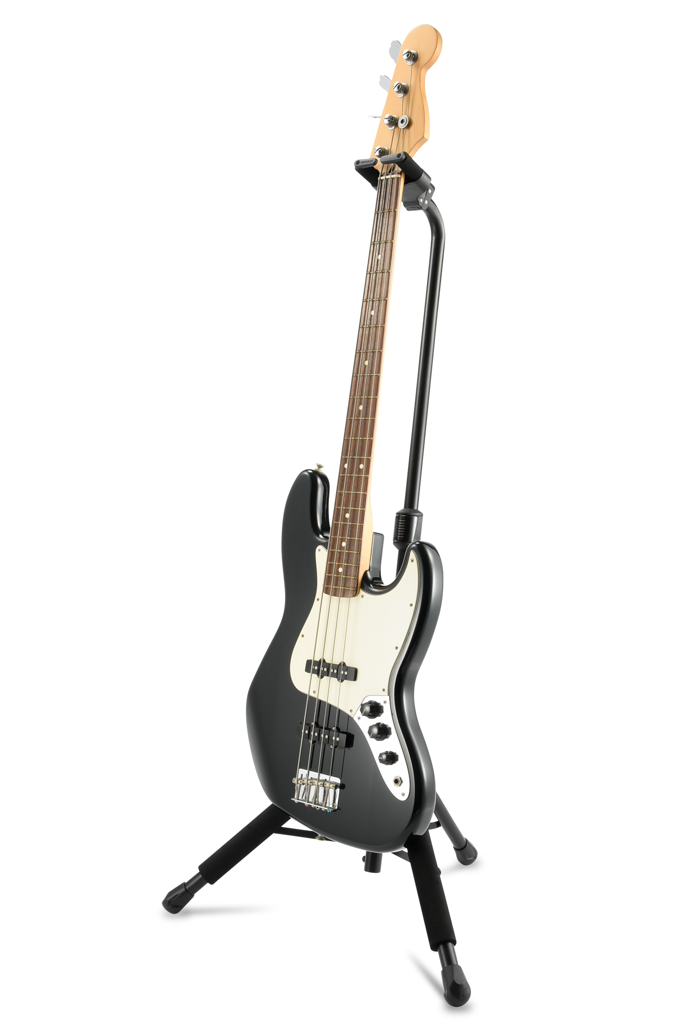 E-Bass, schwarzer Korpus, cremefarbenes Schlagbrett, Ahornhals, Bassständer