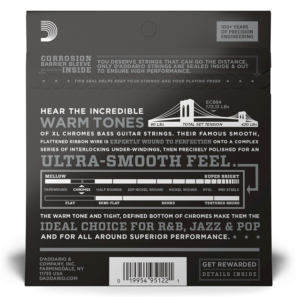ECB84 Chromes Bass Guitar Strings, Custom Light, 40-100, Long Scale