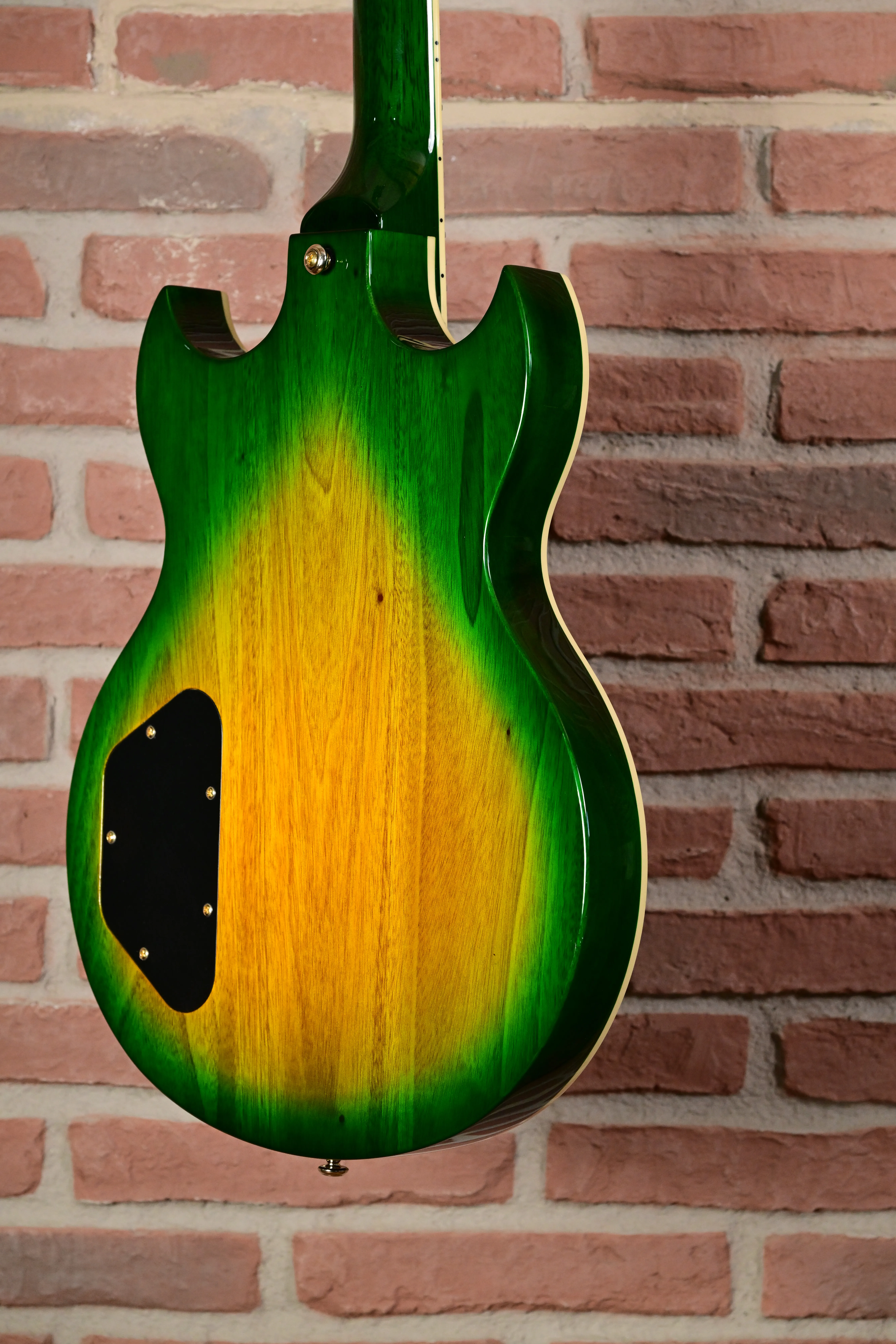 E-Gitarre, Massivholzkorpus, Grün-gelber Farbverlauf, Sunburst-Finish, Doppelausschnitt