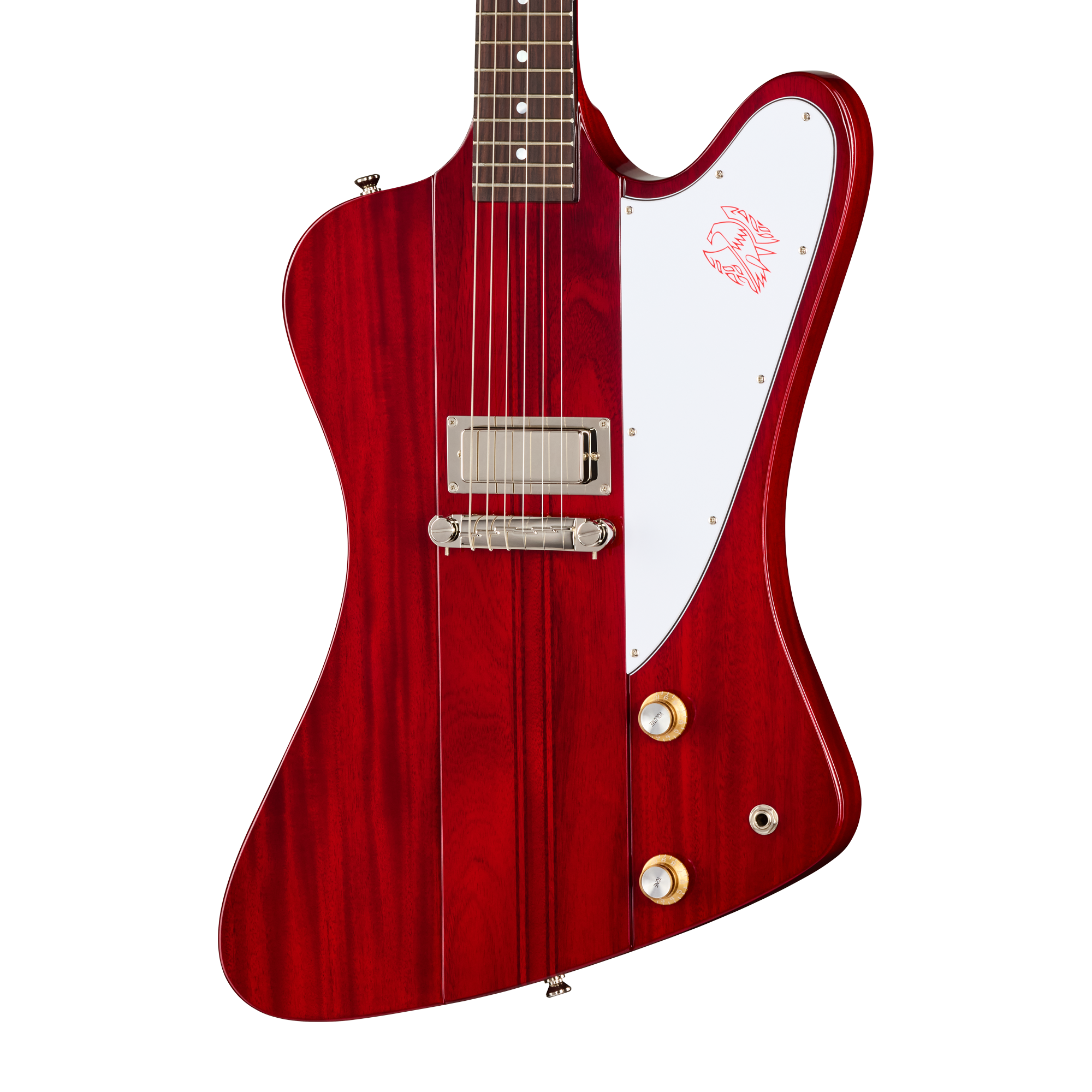 E-Gitarre, roter Korpus, Holzkorpus, weißes Schlagbrett, Humbucker-Tonabnehmer