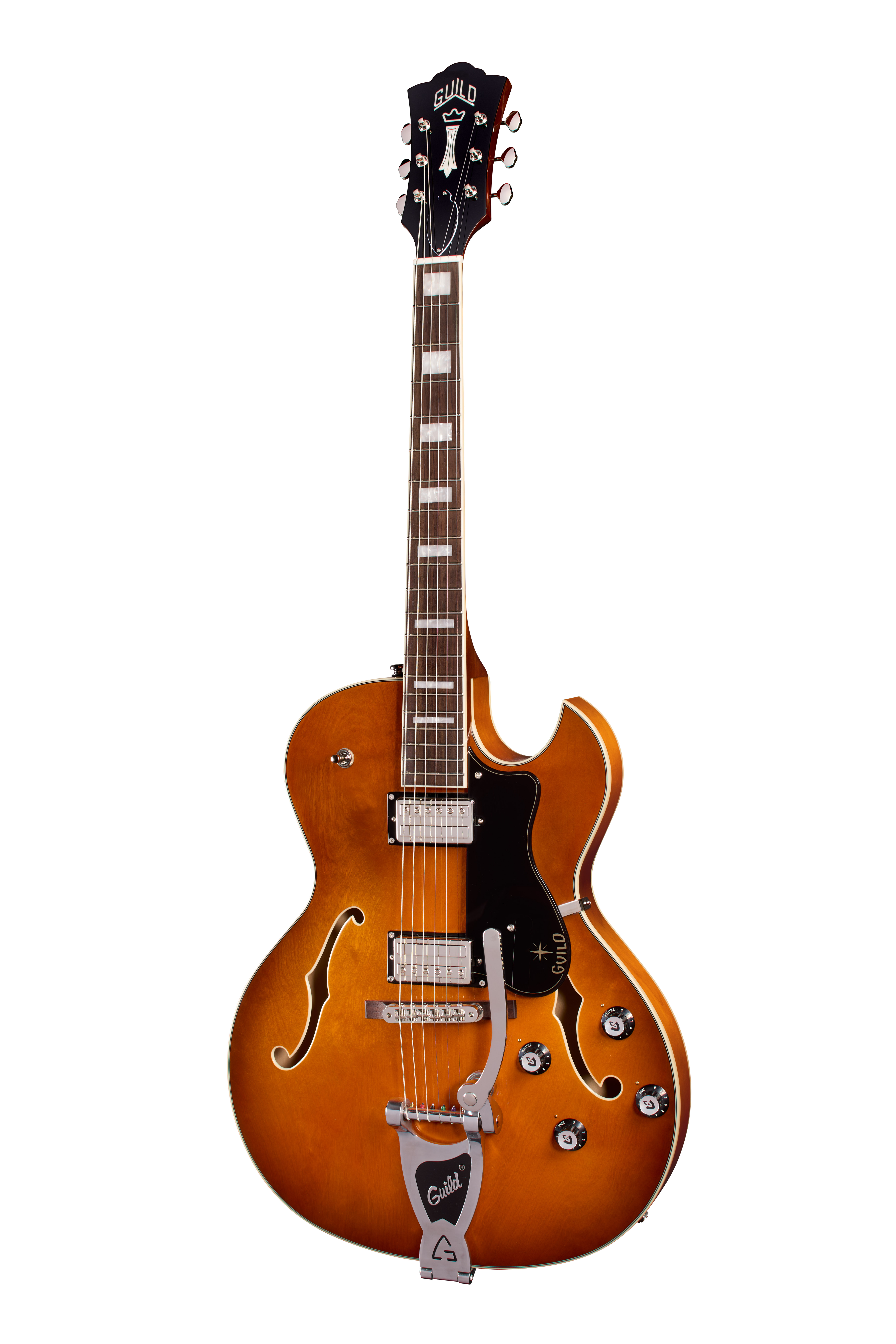 Elektrische Gitarre, Hollowbody, Korpus aus Ahorn, Bernsteinfarben, Bigsby-Tremolo