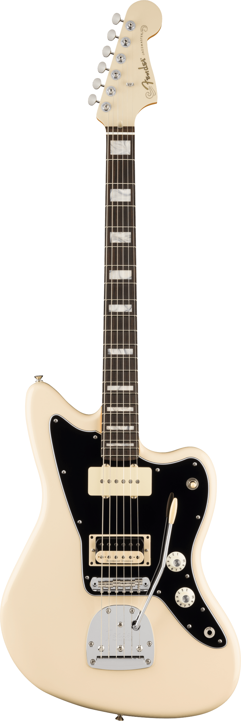 E-Gitarre, cremefarben, schwarzes Schlagbrett, Palisandergriffbrett, Tremolohebel