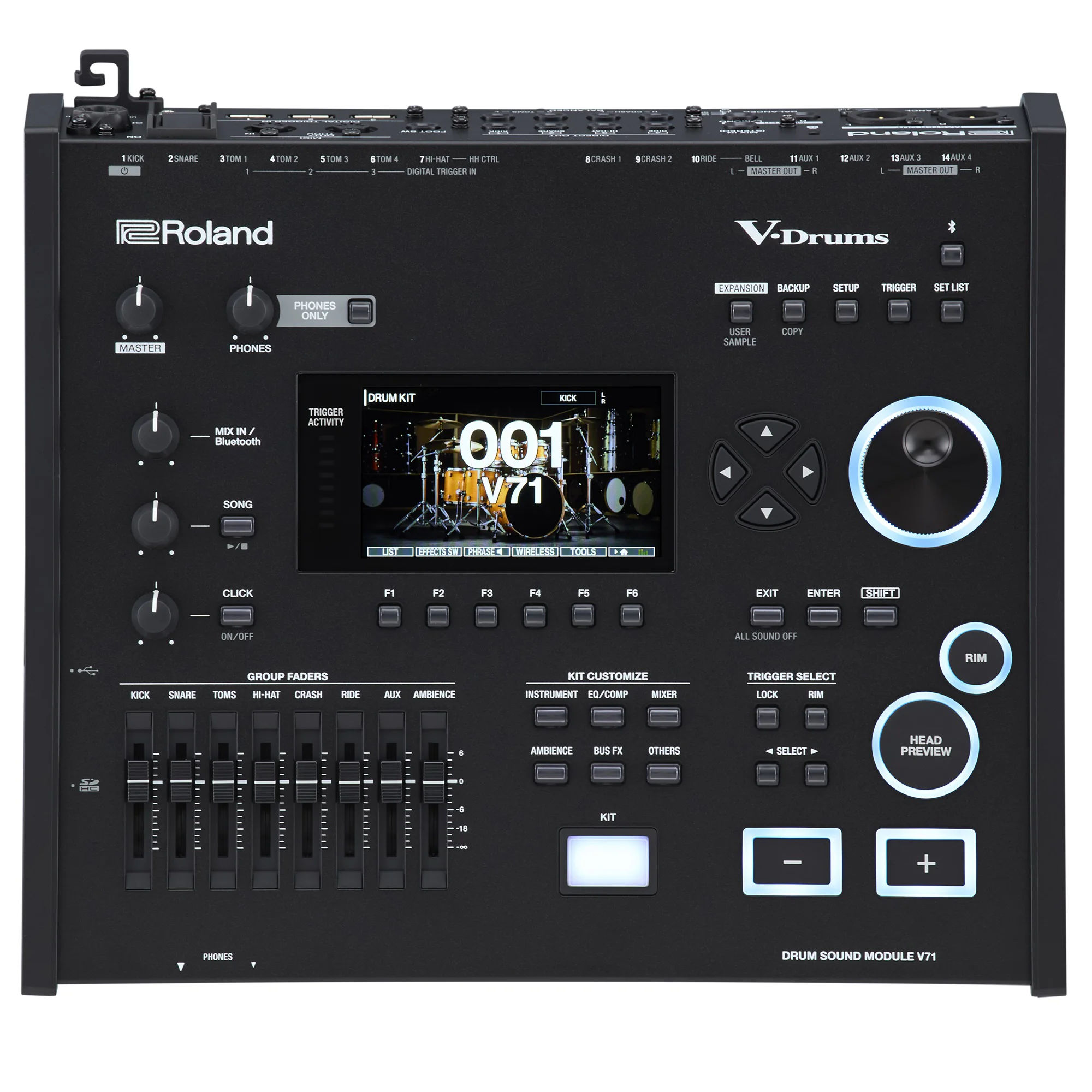 Roland V71 V-Drums Soundmodul – Vorderansicht mit Farbdisplay und Bedienelementen