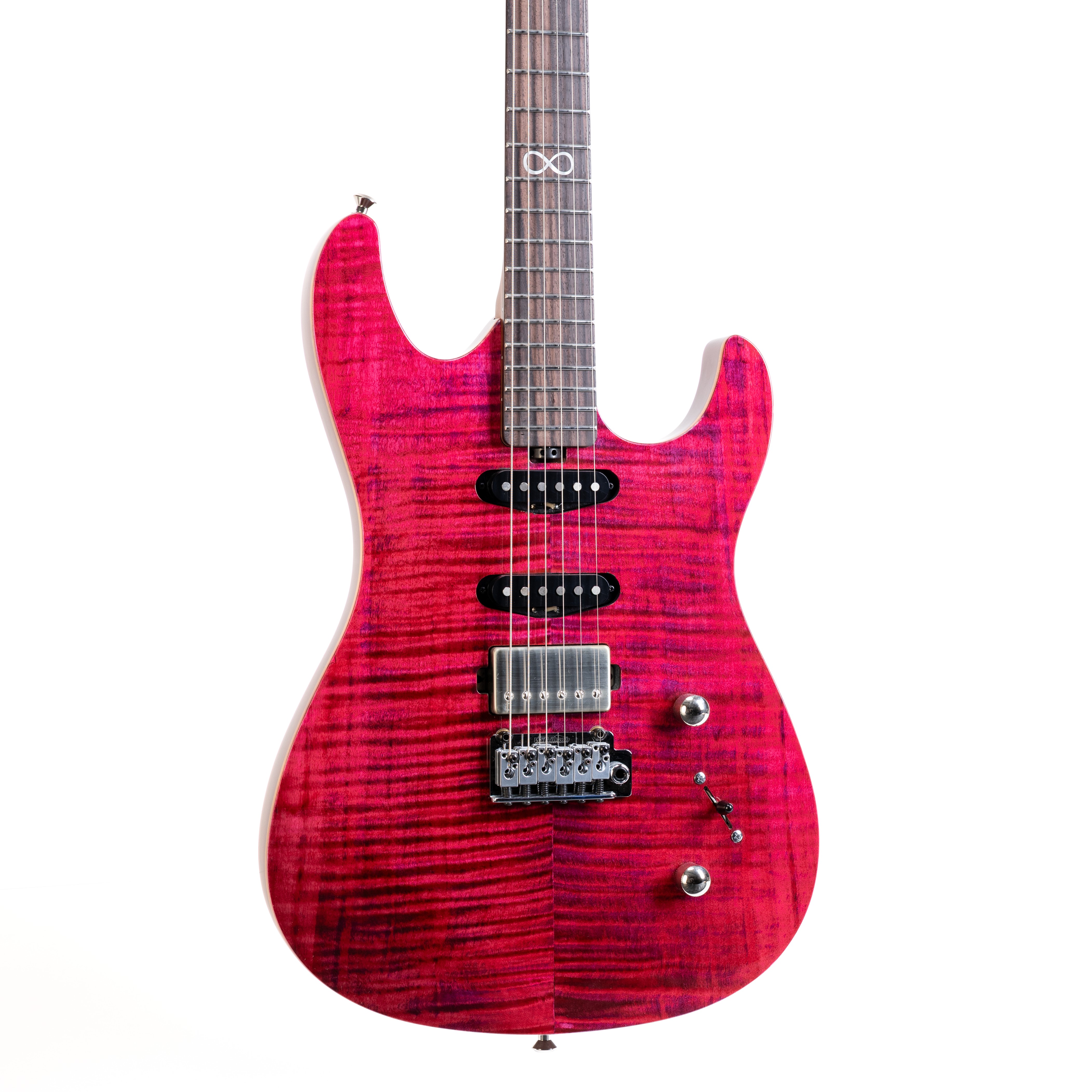 E-Gitarre, pinkes Finish, Flammenahorn-Decke, Humbucker, Tremolo-Brücke